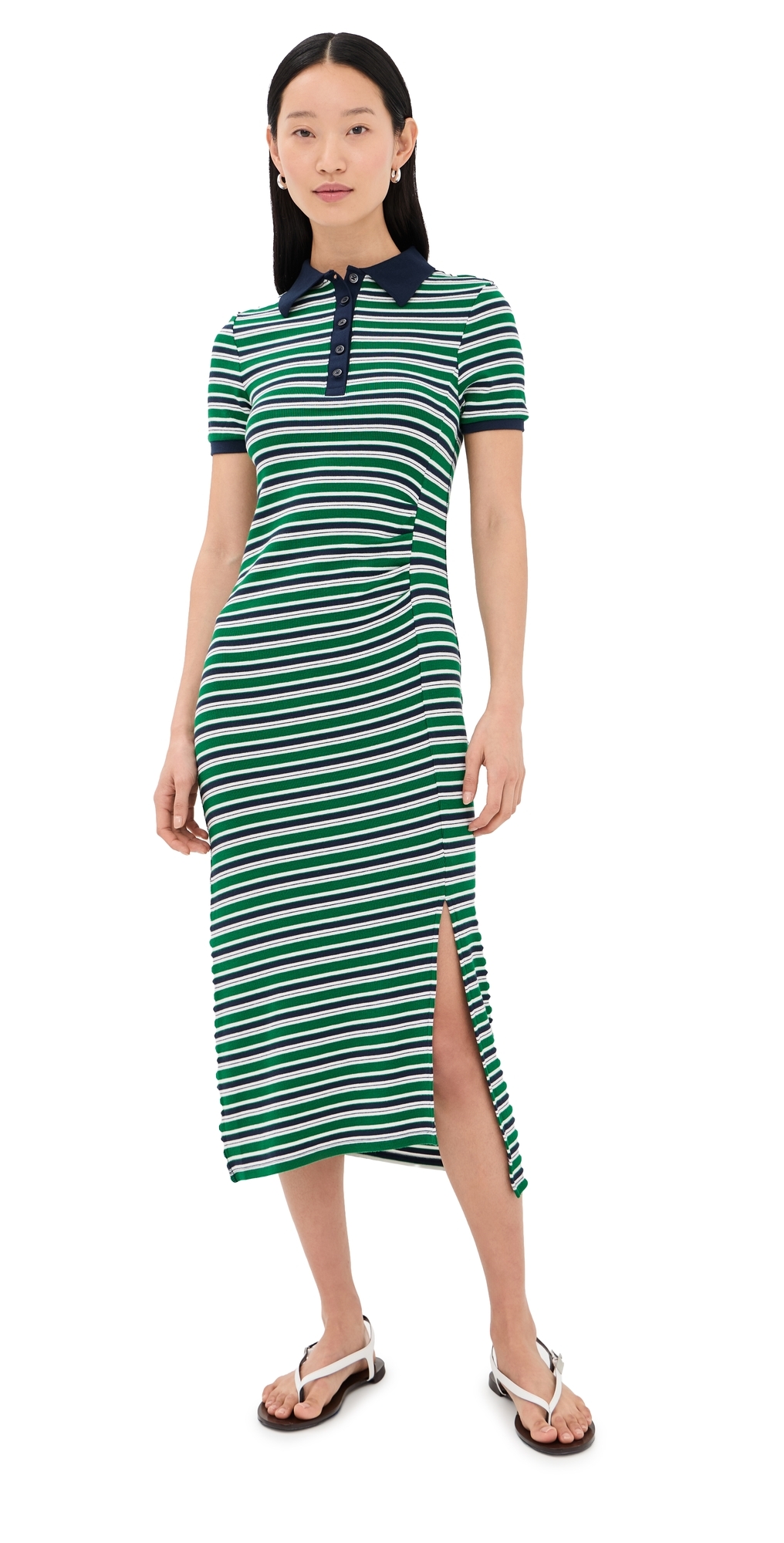 SIMKHAI Shelby Knit Polo Midi Dress Kelly Green Stripe