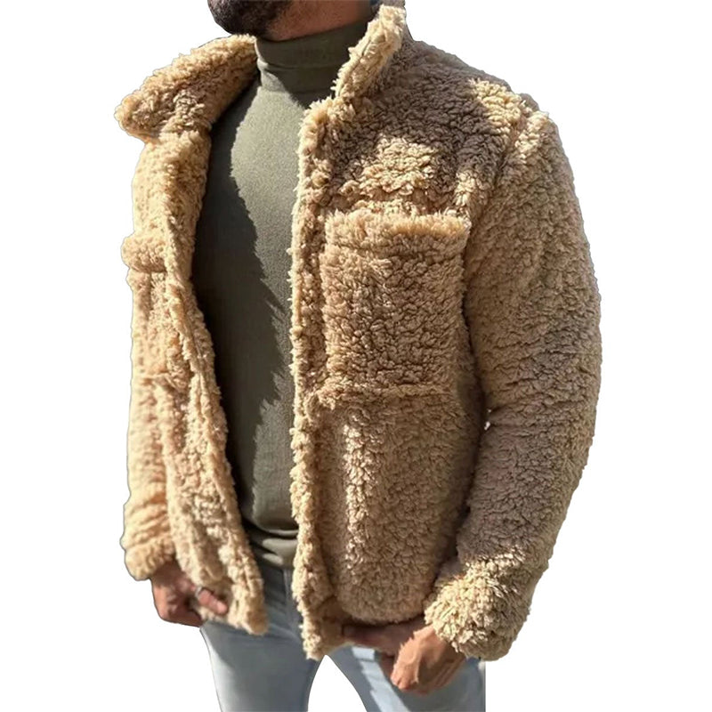 Sherpa Double-Pocket Single-Breasted Lapel Thermal Coat D - Khaki