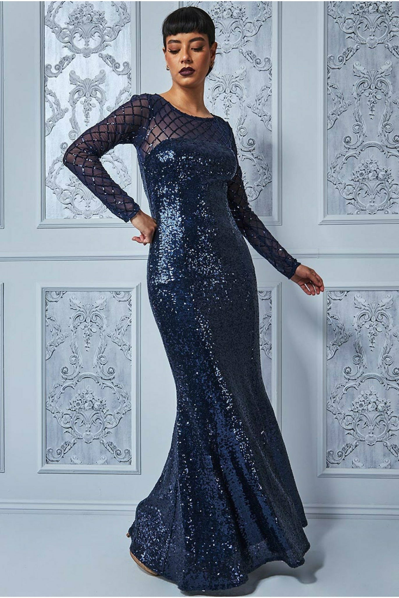 Goddiva Sheer Diamond Design Sequin Maxi Dress