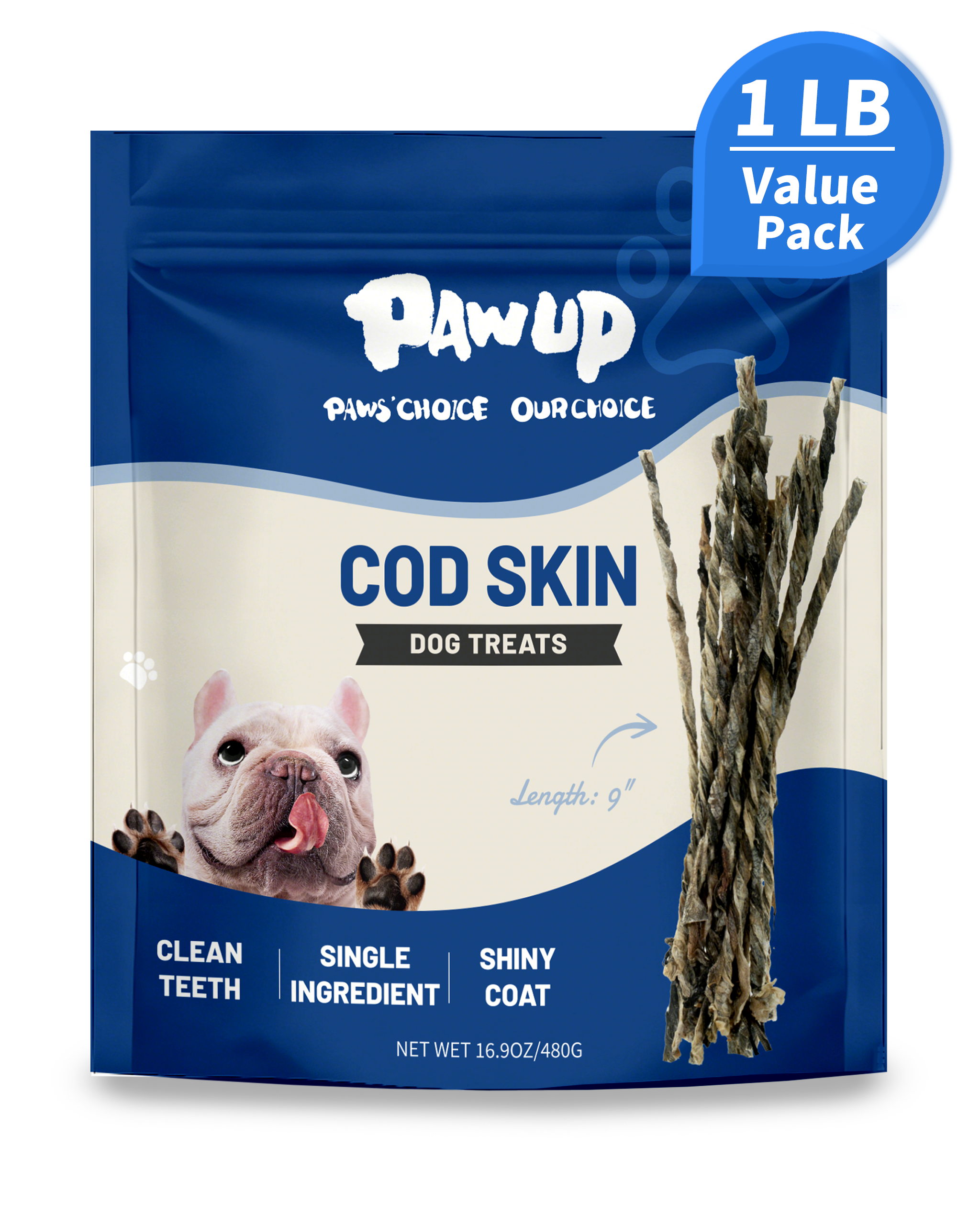 PAWUP Cod Skin Strips Dog Treats, Natural Fish Skin Chews, Omega- Rich for Skin & Coat Health, Single Ingredient Dog Snacks for Small & Medium Dogs