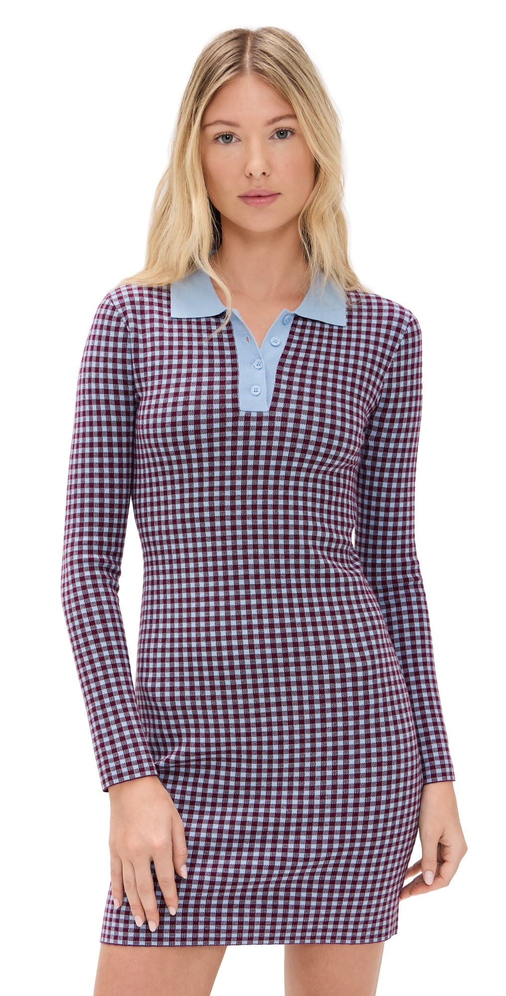 LE BOP Gingham Knit Polo Dress BurgundyLight Blue