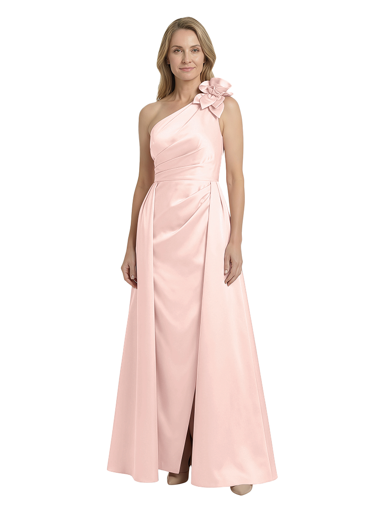 Chicsew Elegant Silky Satin One Shoulder Ruched Maxi Mother of The Groom Dress Overskirt