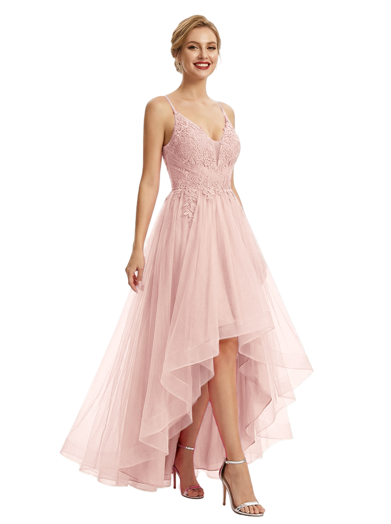 Sexy V-Neck Spaghetti Straps Sleeveless Tulle High-Low A-Line Formal Prom Dress