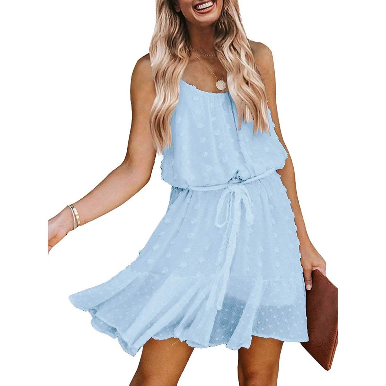 Lovic Women's Spaghetti Strap Tied Waist Floral Mini Dress Summer Casual Flowy Dress