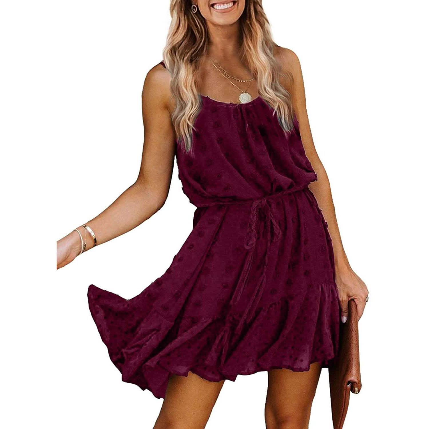 Lovic Women's Spaghetti Strap Tied Waist Floral Mini Dress Summer Casual Flowy Dress