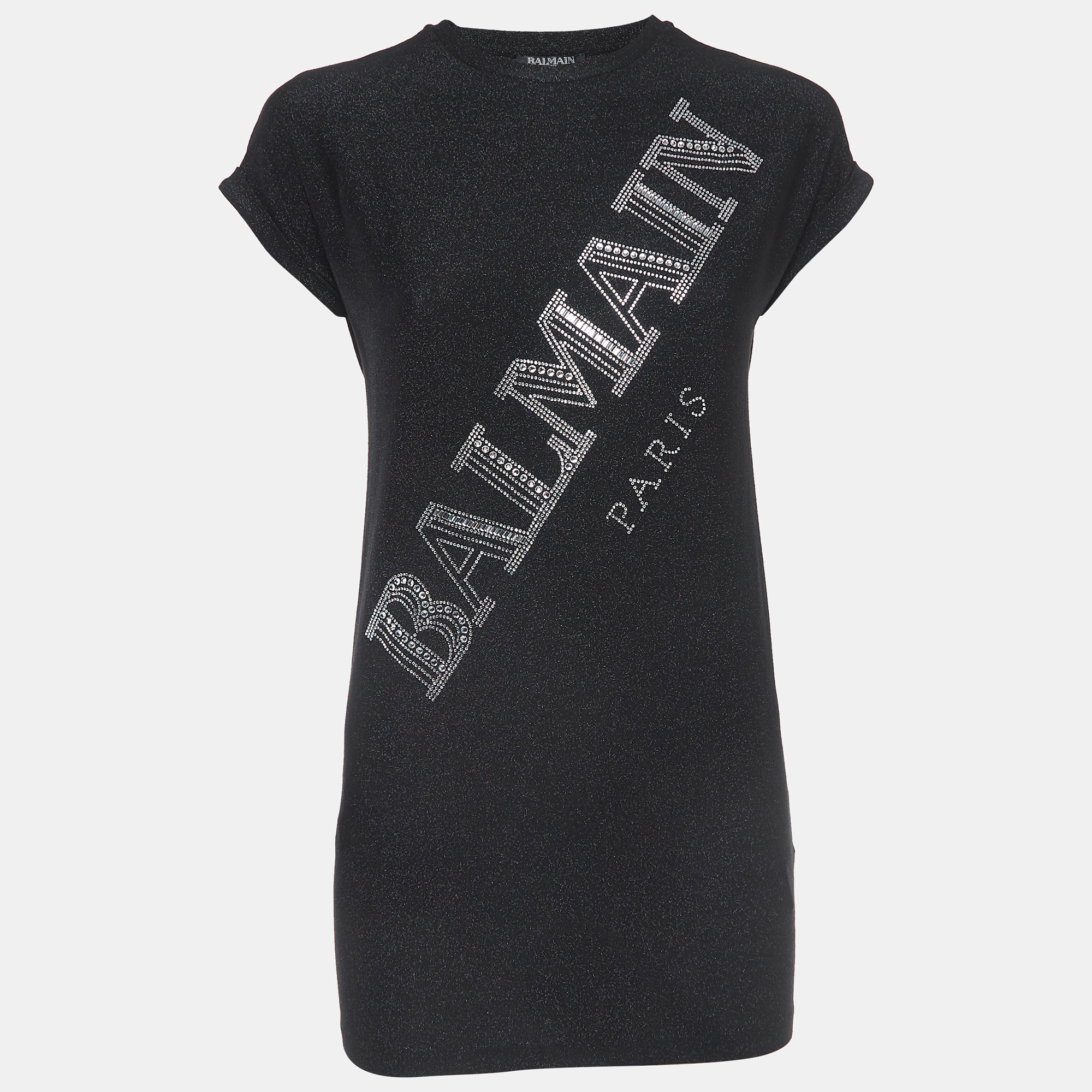 Balmain Black Glitter Jersey Crystal Embellished Logo Shirt Dress Yrs