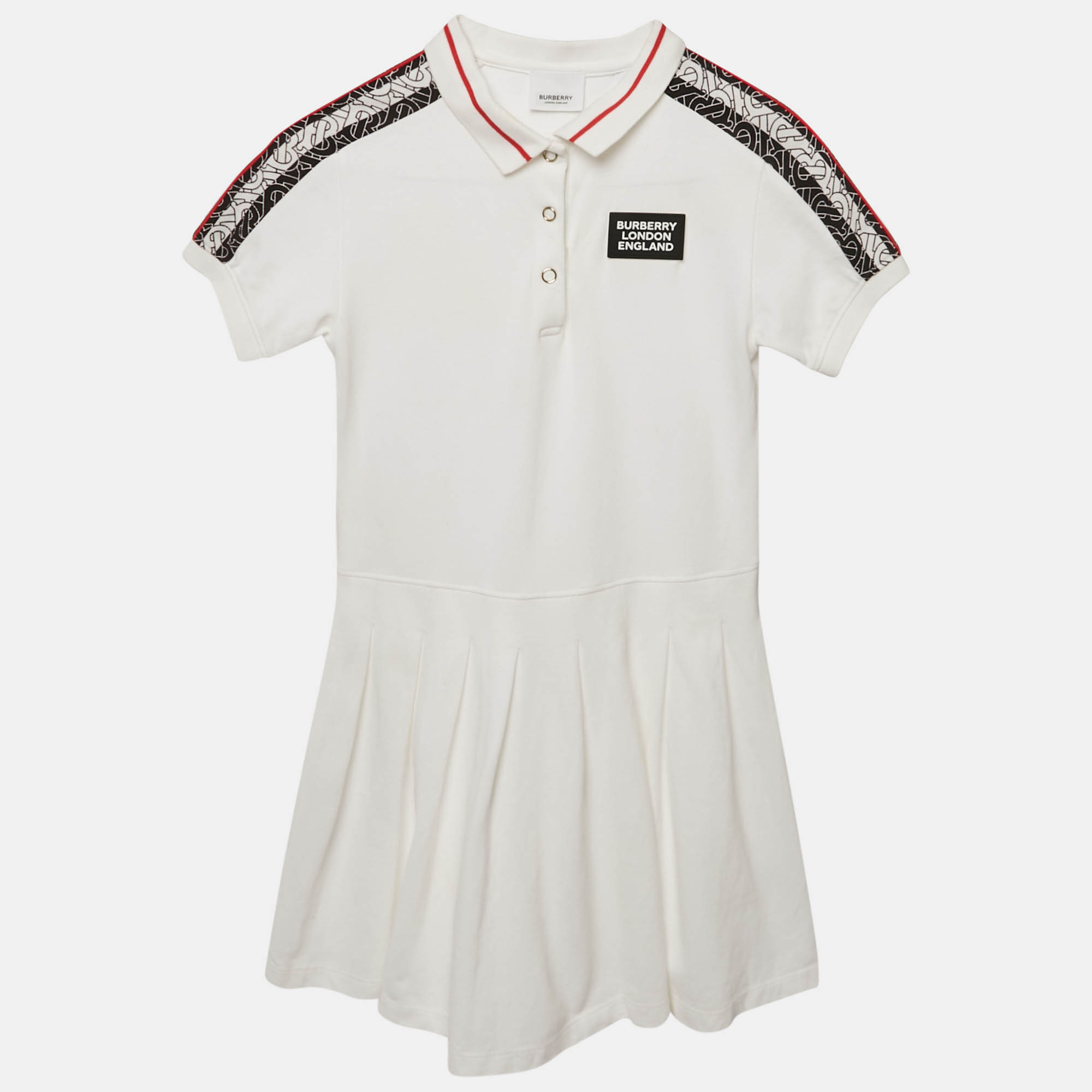 Burberry White Cotton Knit Logo Detail Pleated Dress