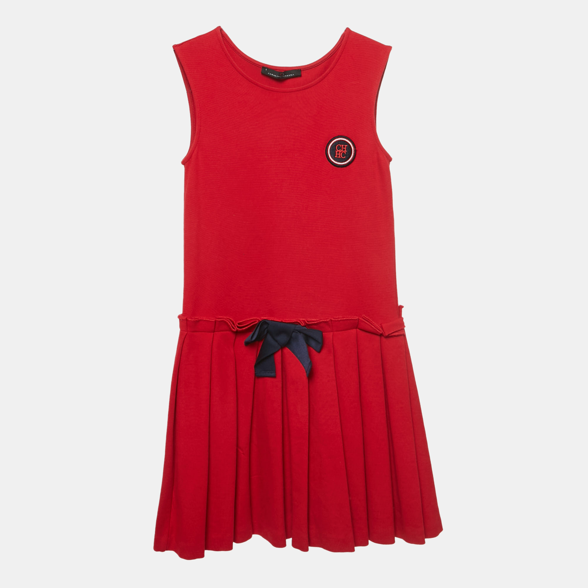 CH Carolina Herrera Red Logo Applique Jersey Pleated Dress Yrs