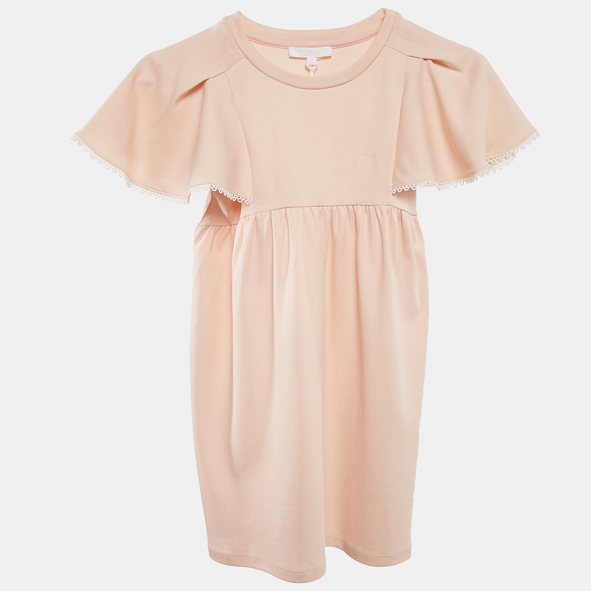 Chloé Kids Pink Guipure Lace Trim Cotton Jersey Dress Yrs