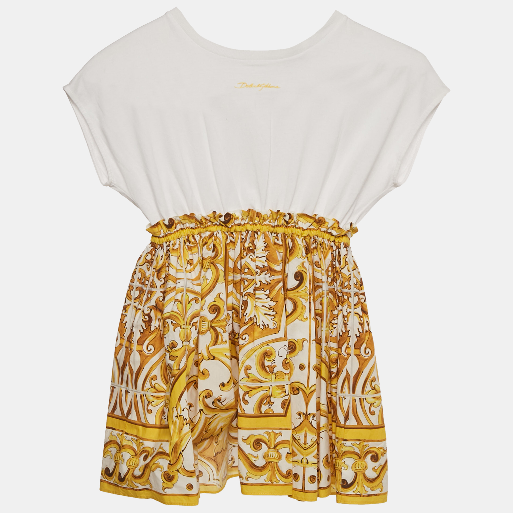 Dolce & Gabbana Kids WhiteYellow Majolica Print Cotton Dress Yrs