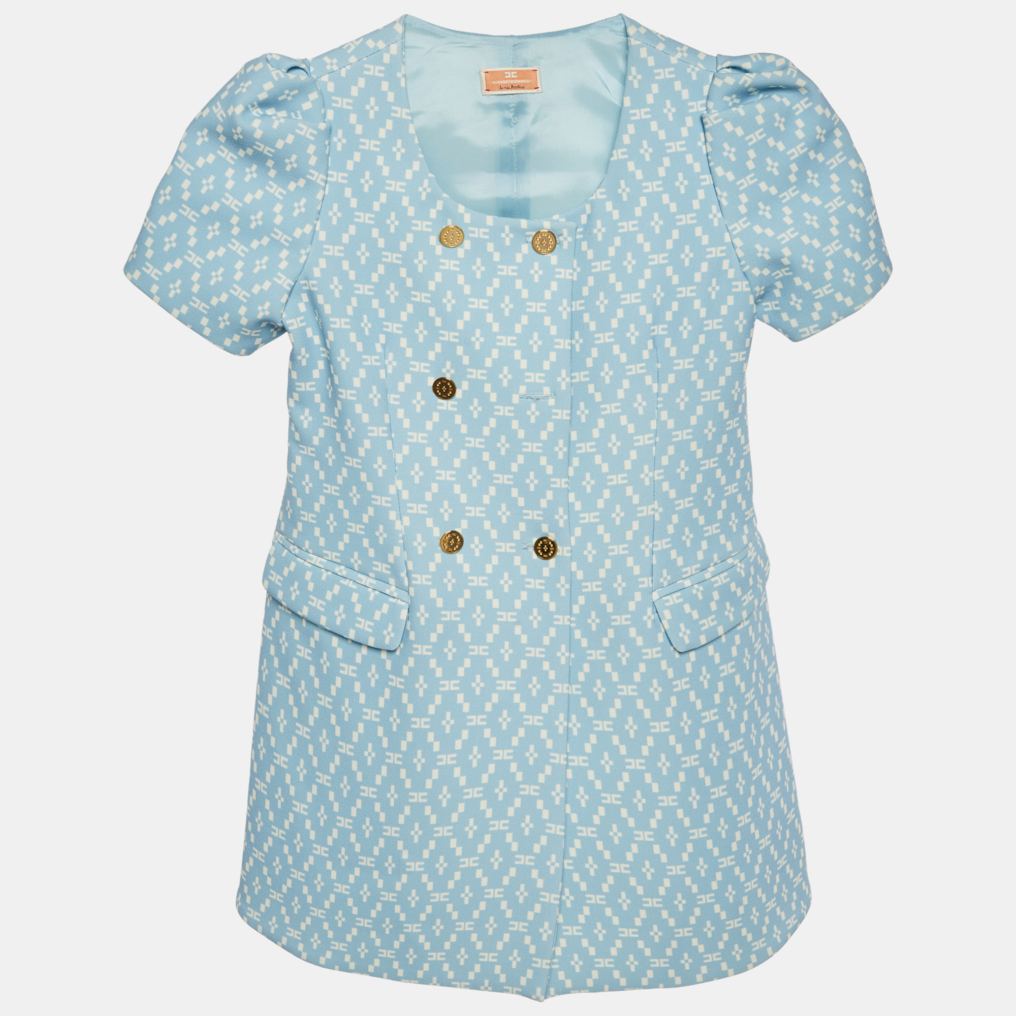 Elisabetta Franchi Blue Geometric Pattern Crepe Mini Dress Yrs