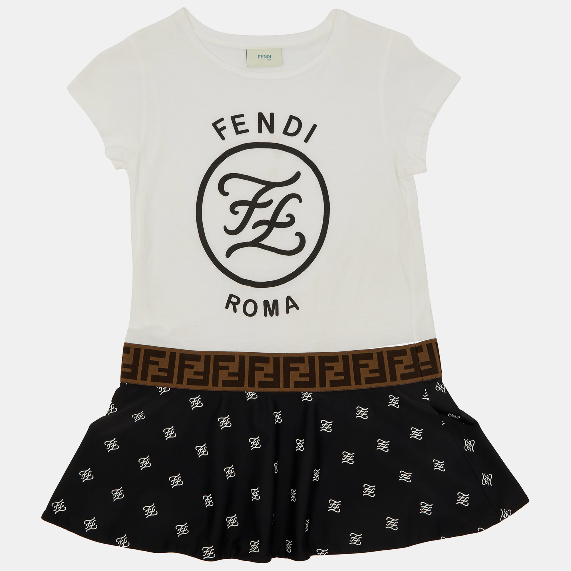 Fendi White FF Logo Cotton Flounced Dress