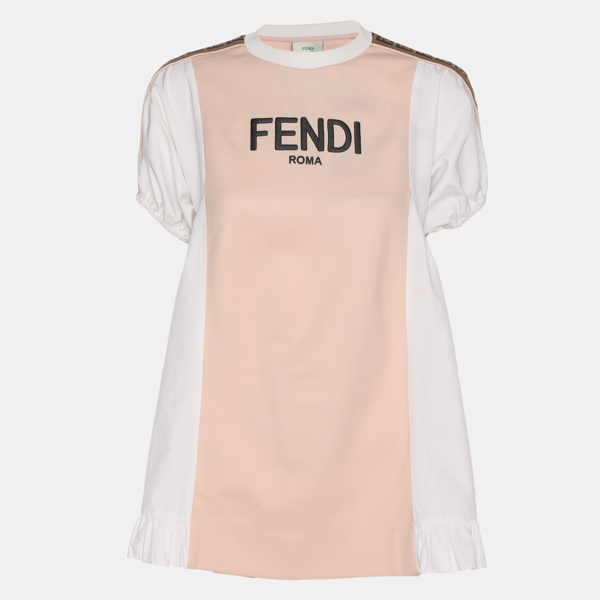 Fendi Kids PinkWhite Jersey Logo Embroidered Dress Yrs