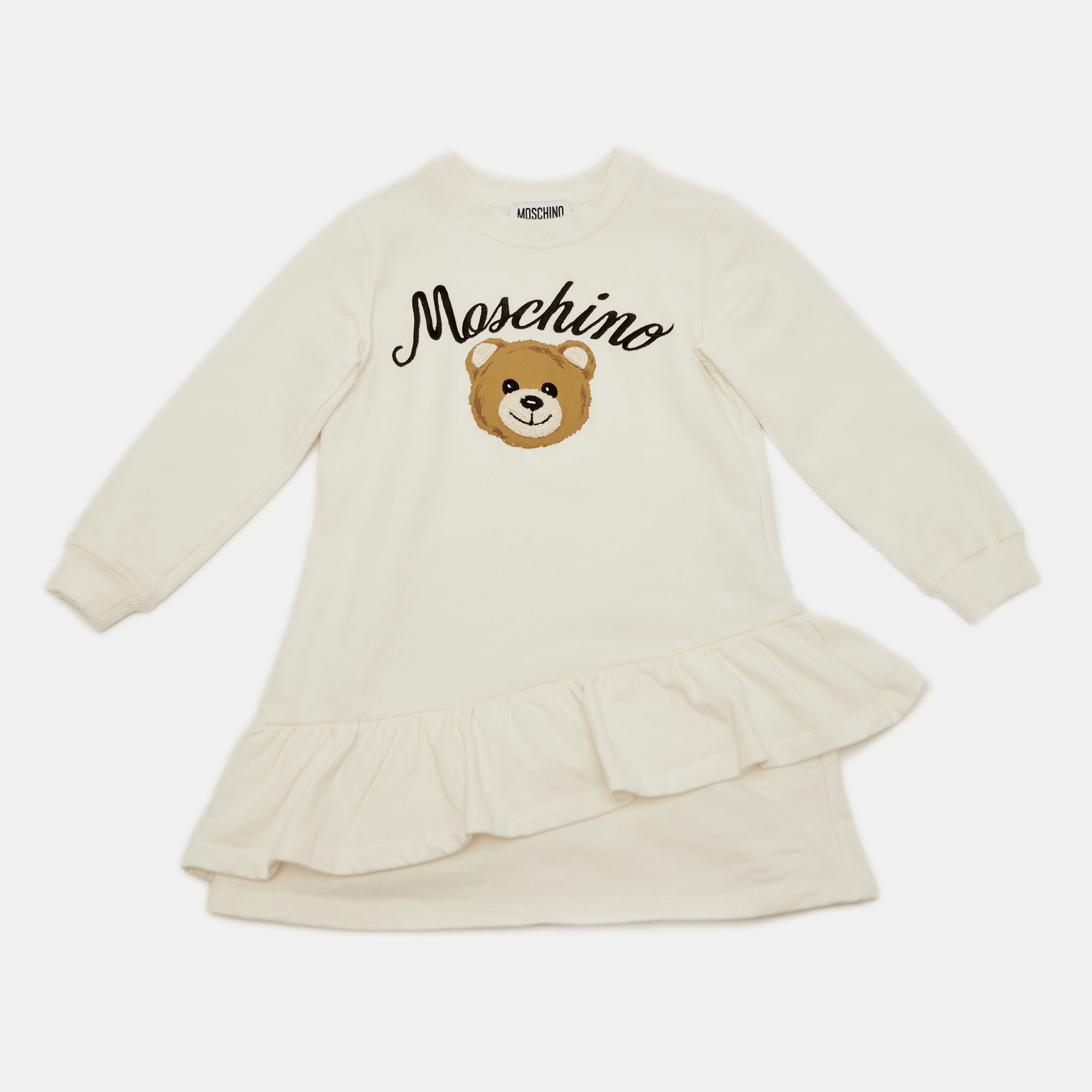 Moschino Kids White Logo Embroidered Teddy Bear Print Cotton Ruffle Dress Yrs