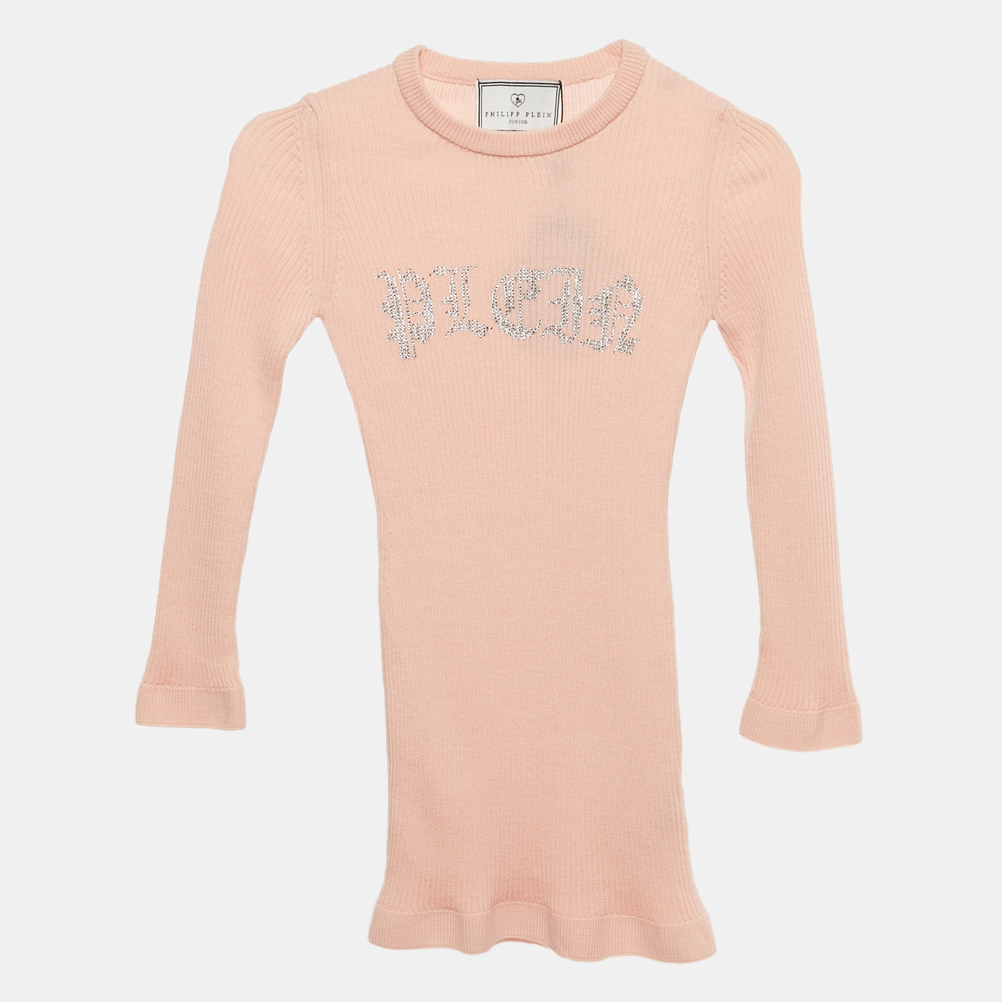 Philipp Plein Junior Pink Crystal Embellished Rib Knit Day Dress Yrs