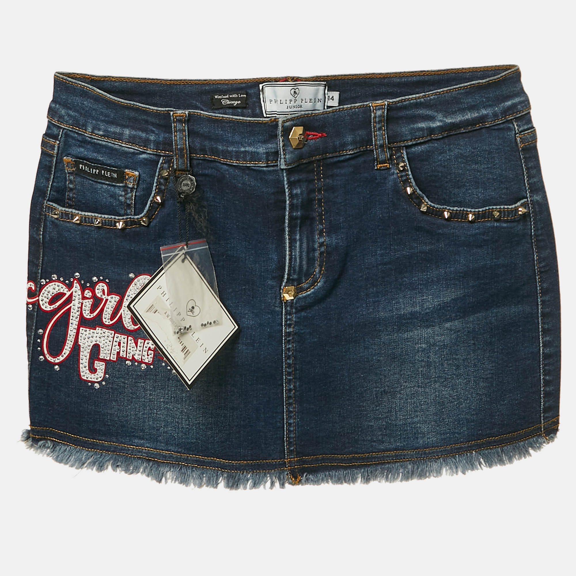 Philipp Plein Blue Studded Denim Raw Edge Skirt Yrs