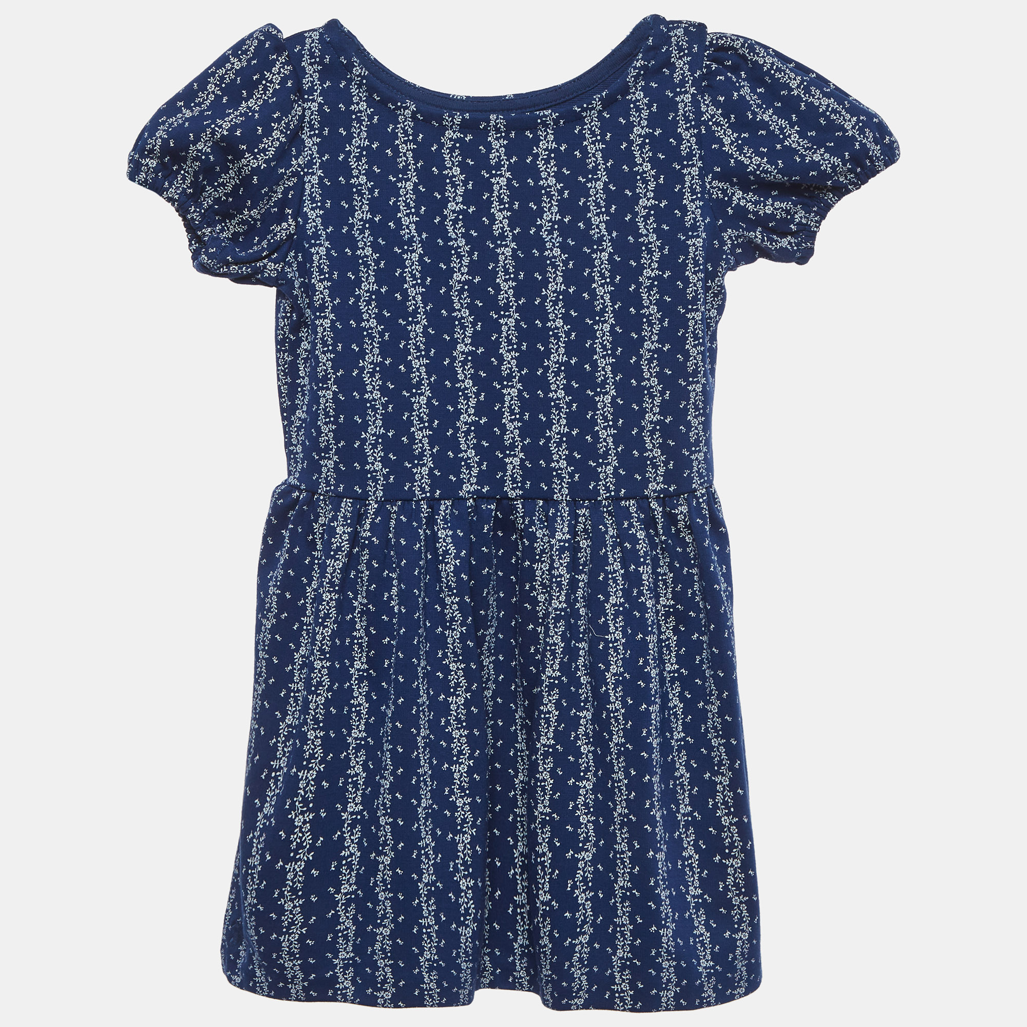 Polo Ralph Lauren Navy Blue Striped Ditsy Floral Print Jersey Puffed Sleeve Dress Yrs