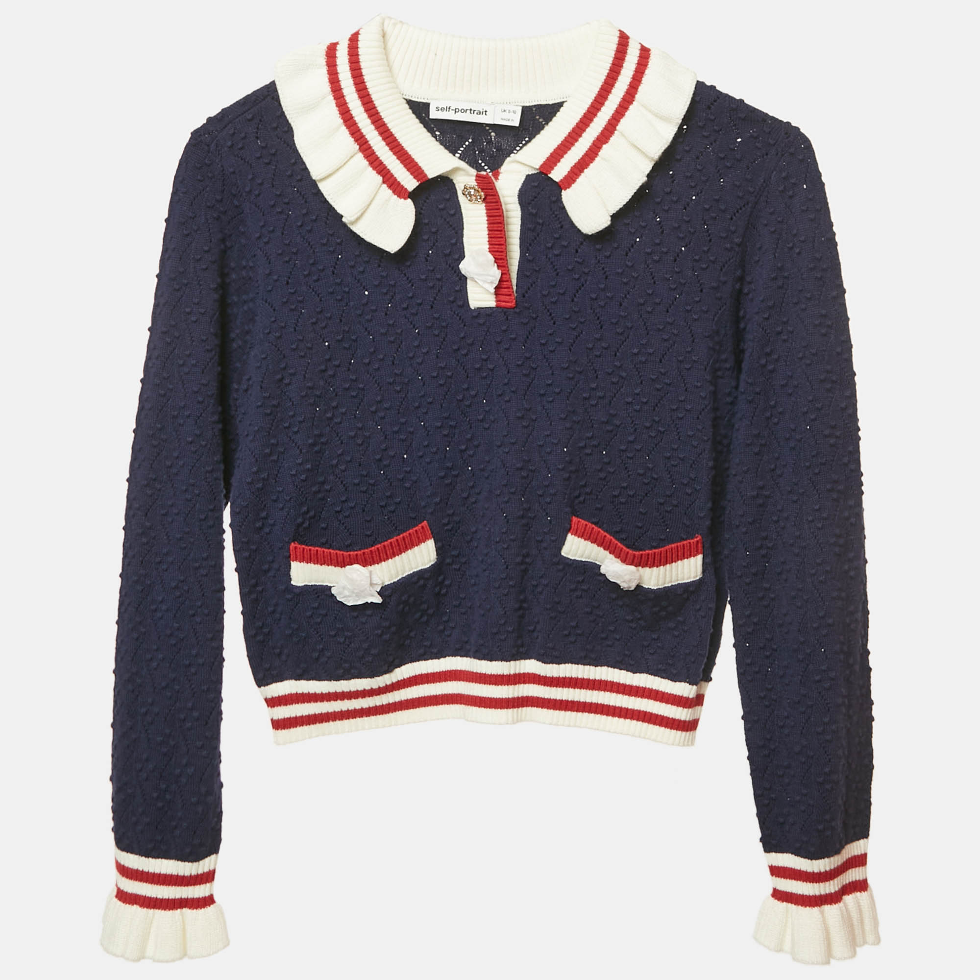 Self-Portrait Navy Blue Textured Pointelle Knit Cardigan -Yrs