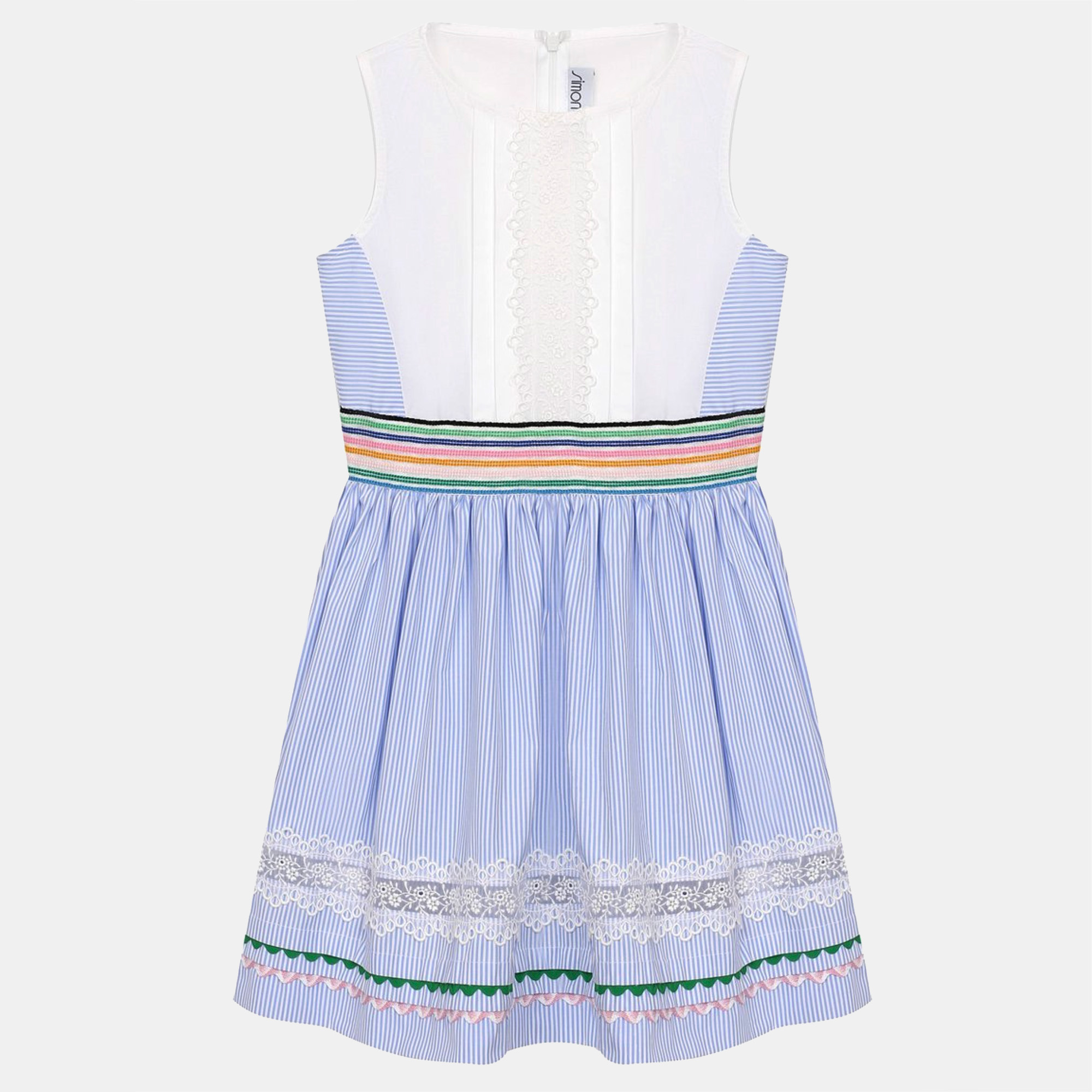 Simonetta Kids WhiteBlue Stripe Cotton Trimmed Sleeveless Dress Yrs