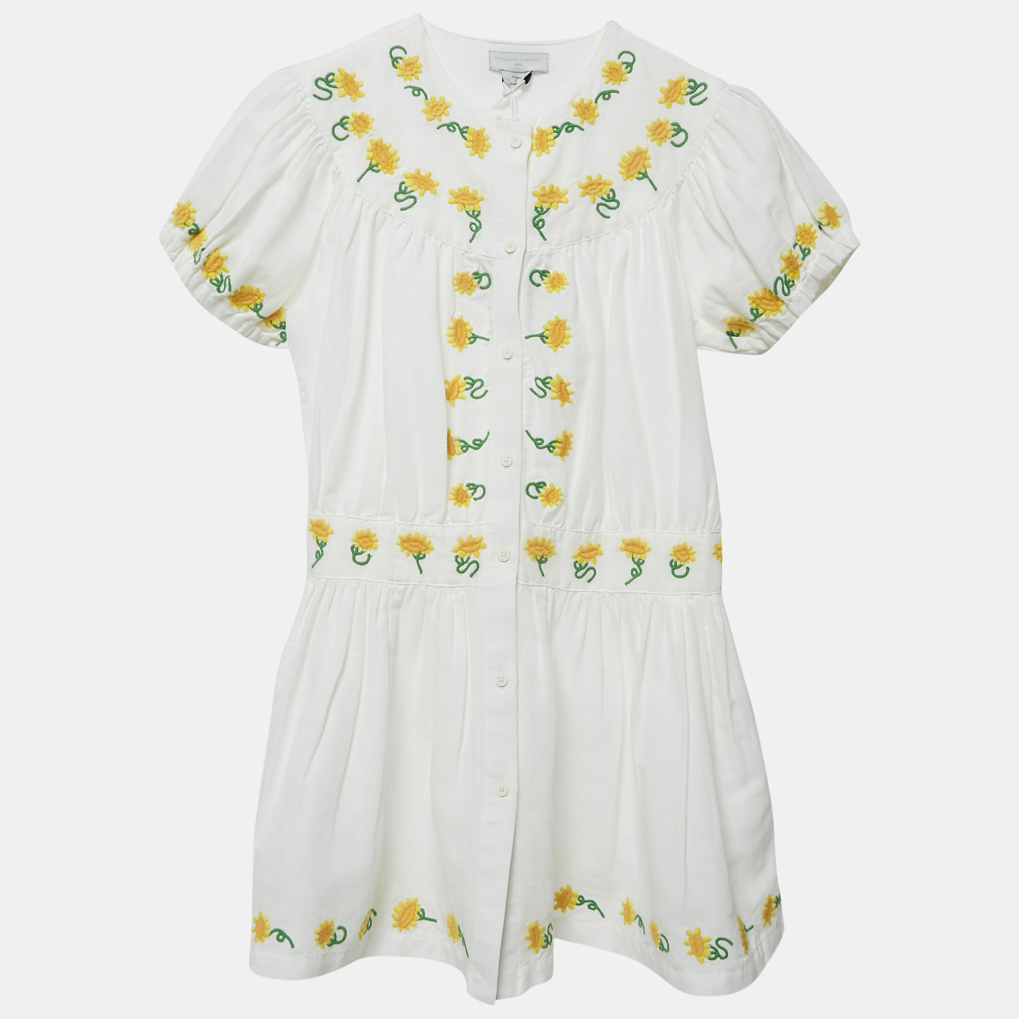 Stella McCartney Kids White Sunflower Embroidered Linen Blend Dress Yrs