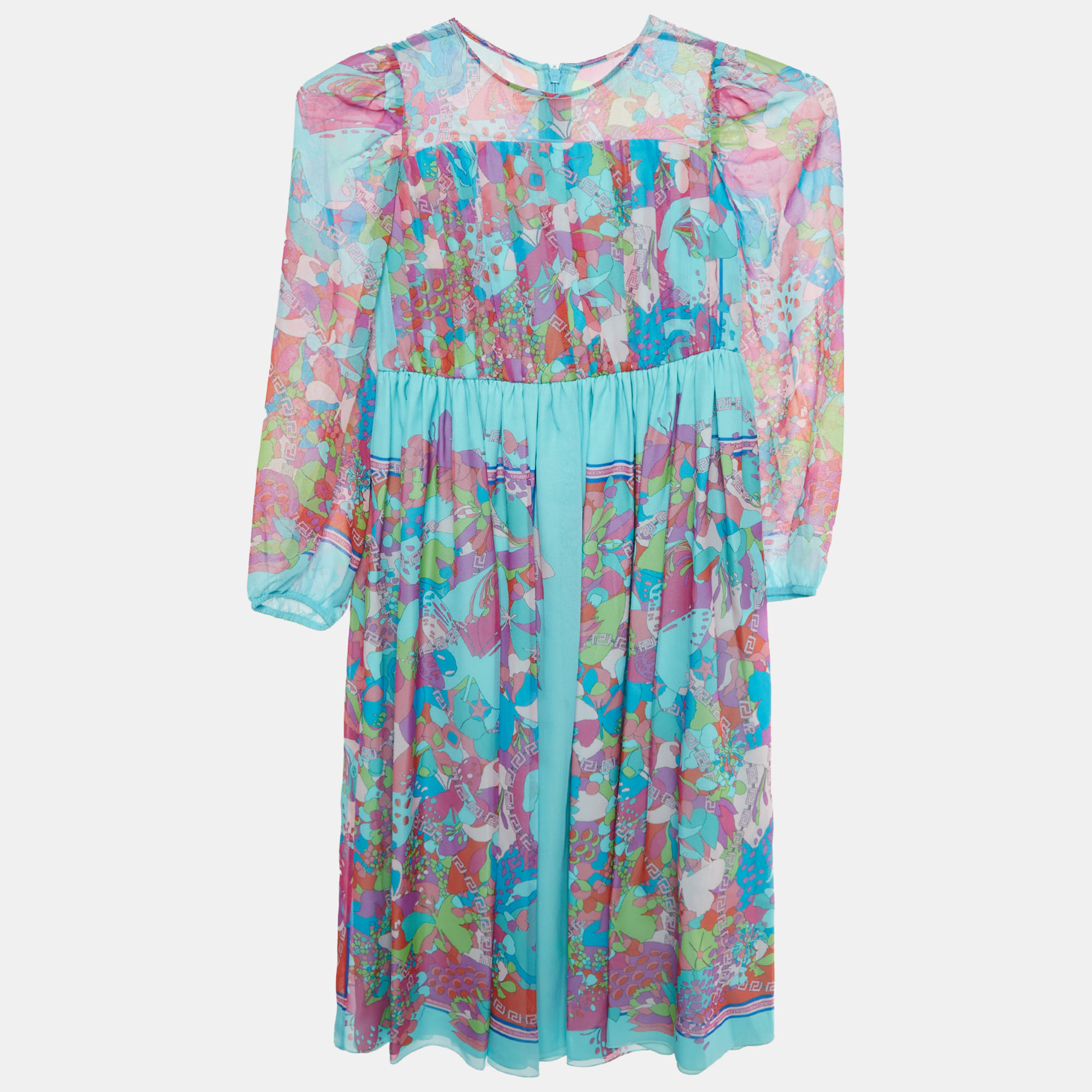 Versace Kids Blue Floral Print Silk Chiffon Pleated Dress Yrs