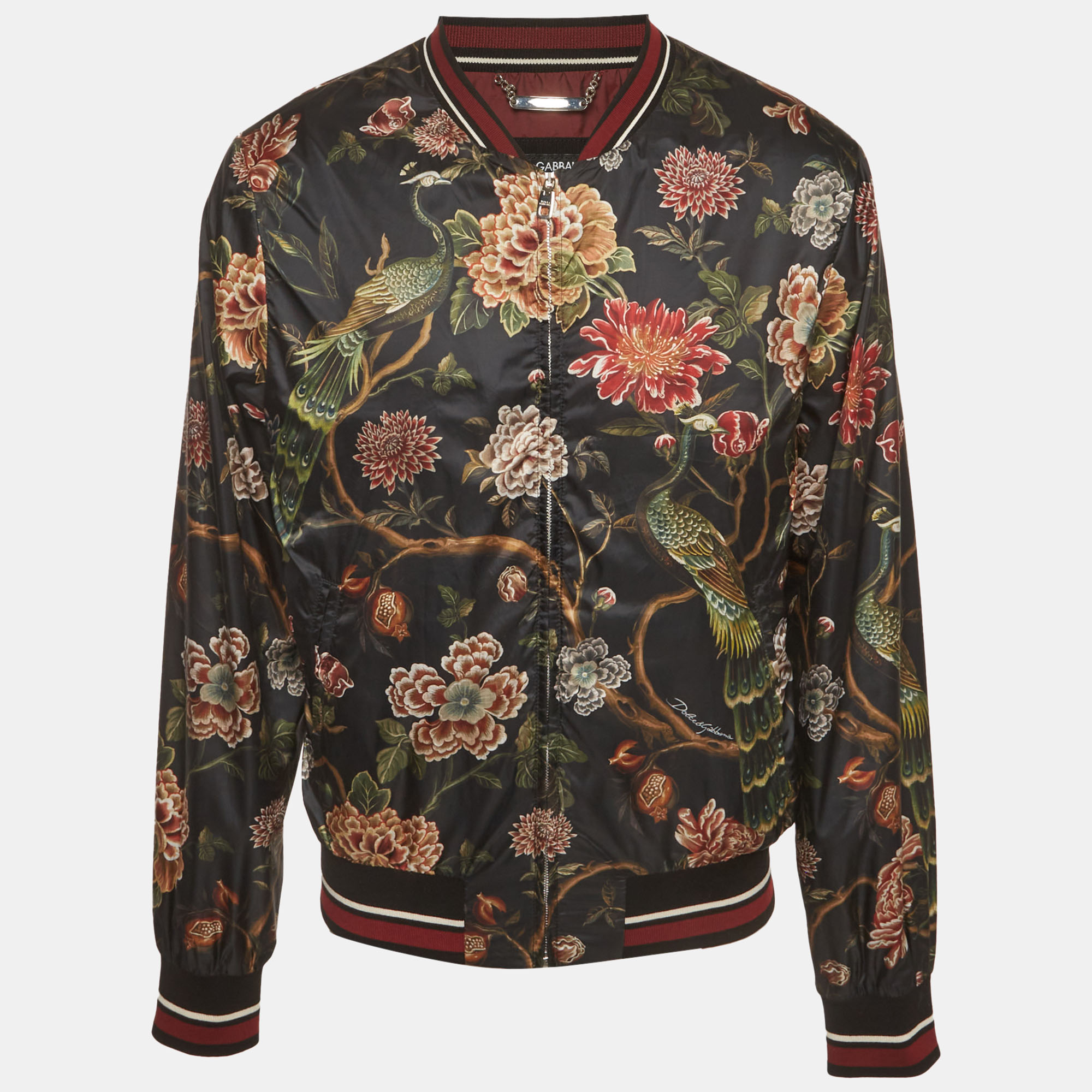 Dolce & Gabbana Black Floral Print Nylon Blend Bomber Jacket