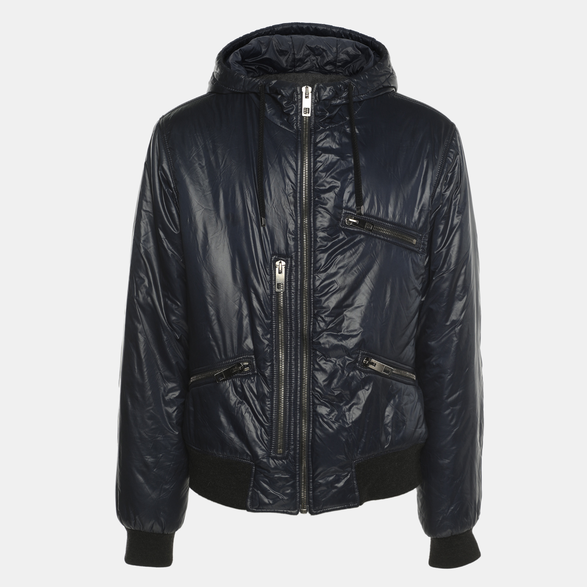 Dolce & Gabbana Navy Blue Nylon Hoodie Bomber Jacket