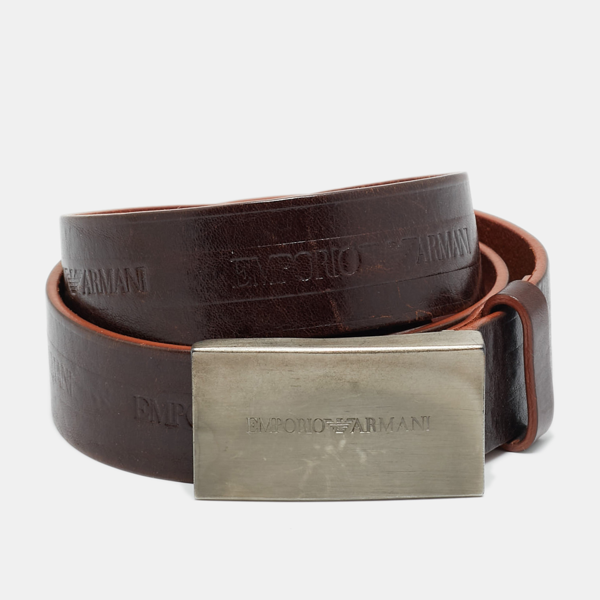 Emporio Armani Logo Plaque Buckle Belt Brown Leather