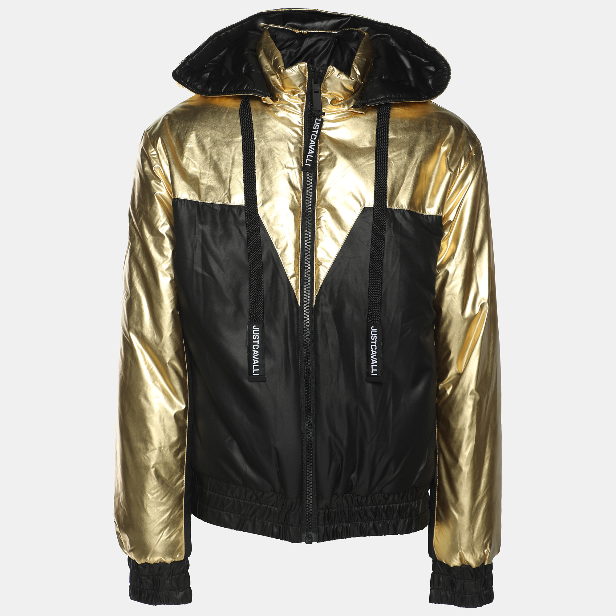 Just Cavalli GoldBlack Nylon Bomber Hoodie Jacket