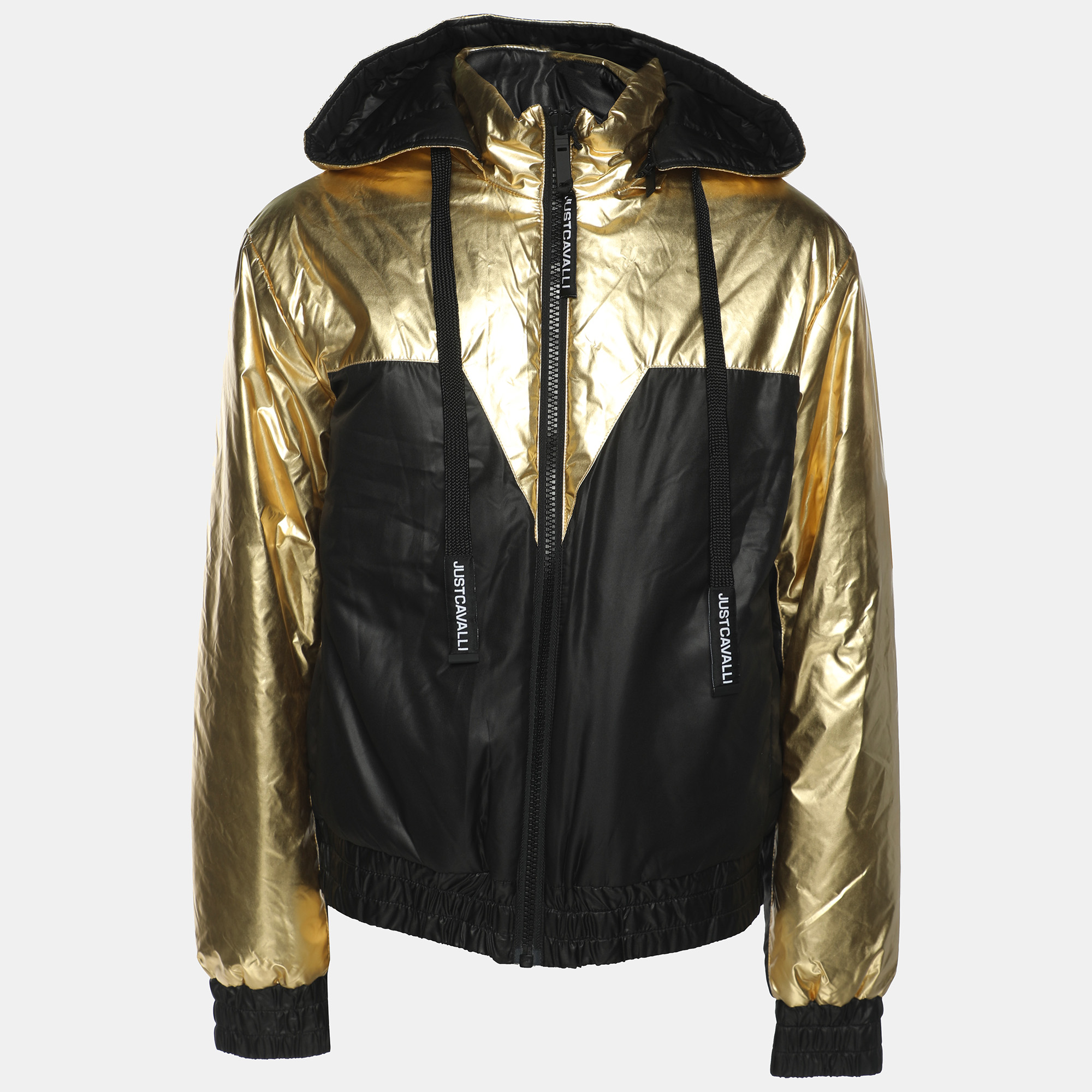 Just Cavalli GoldBlack Nylon Bomber Hoodie Jacket