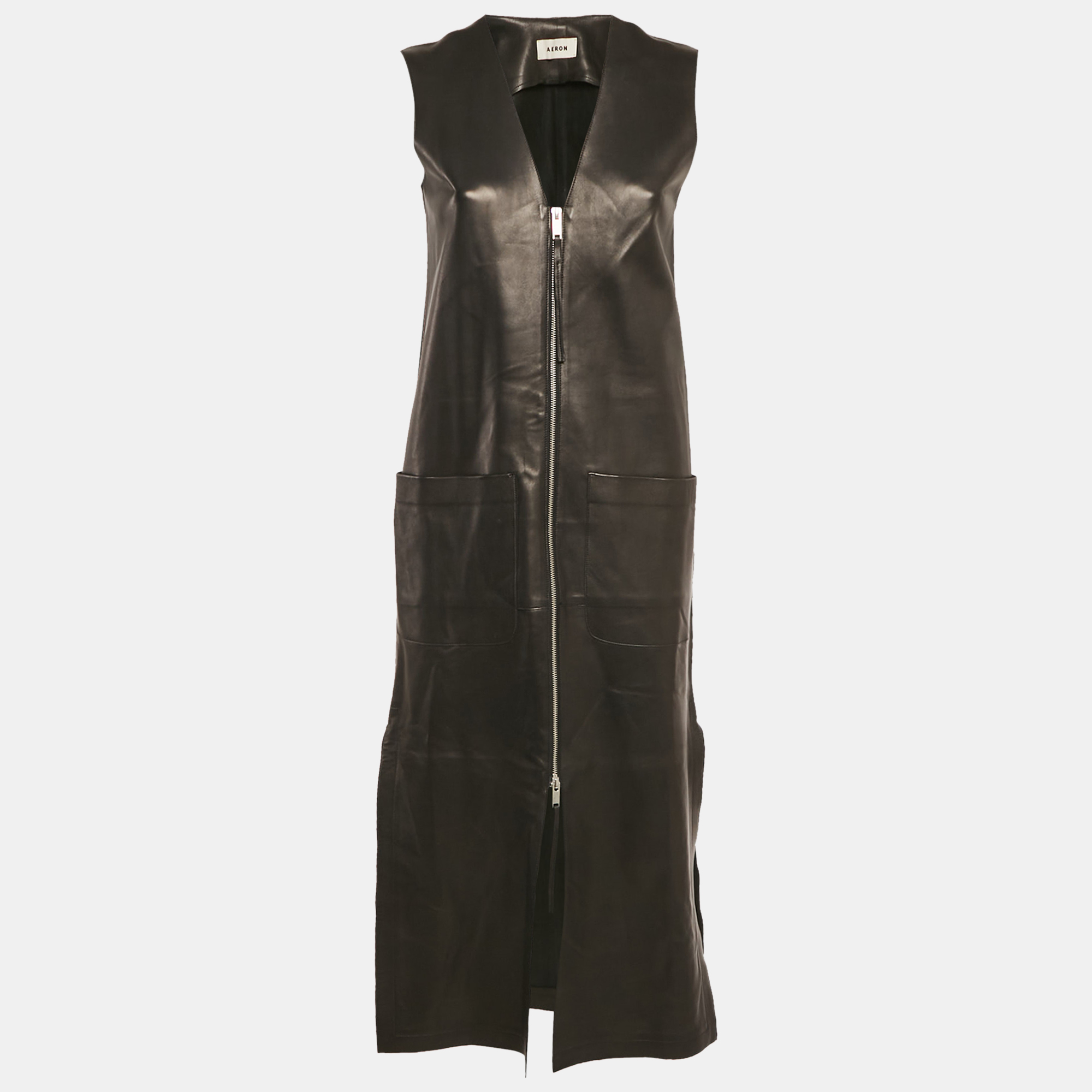 Aeron Black Leather Zip Front Sleeveless Dress