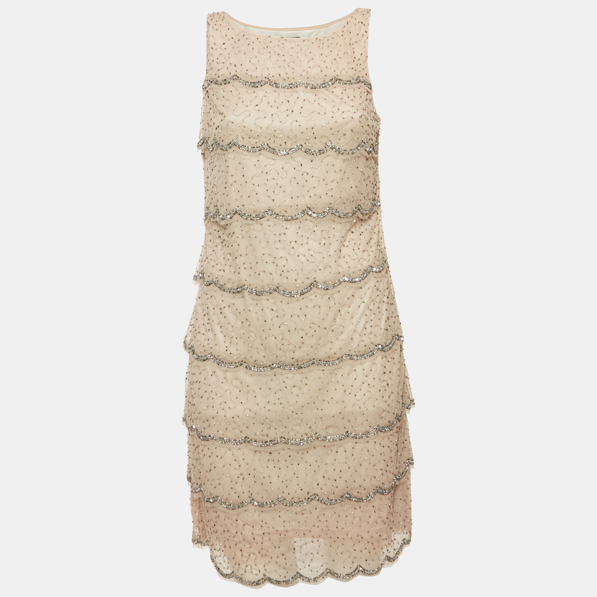 Adrianna Papell Evening Grey Beaded Tulle Tiered Mini Dress