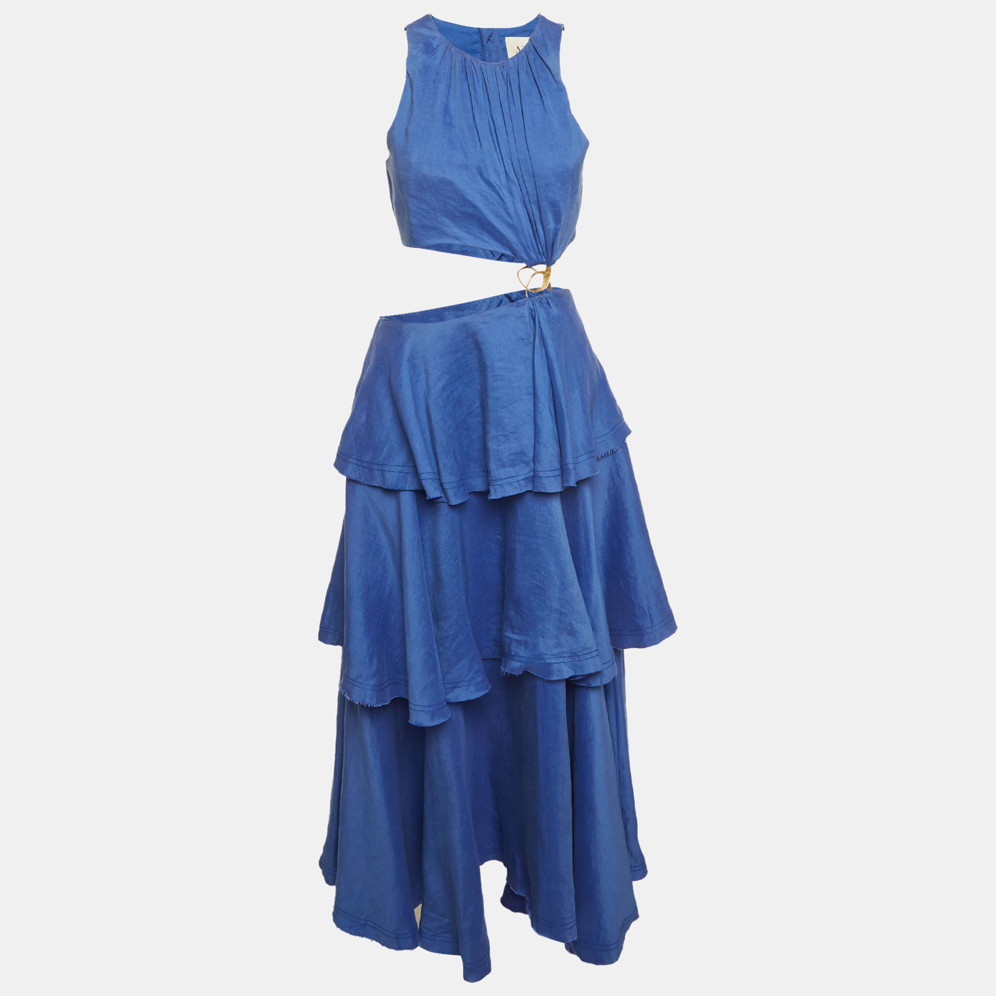 Aje Blue Linen Blend Wave Cut Out Midi Dress
