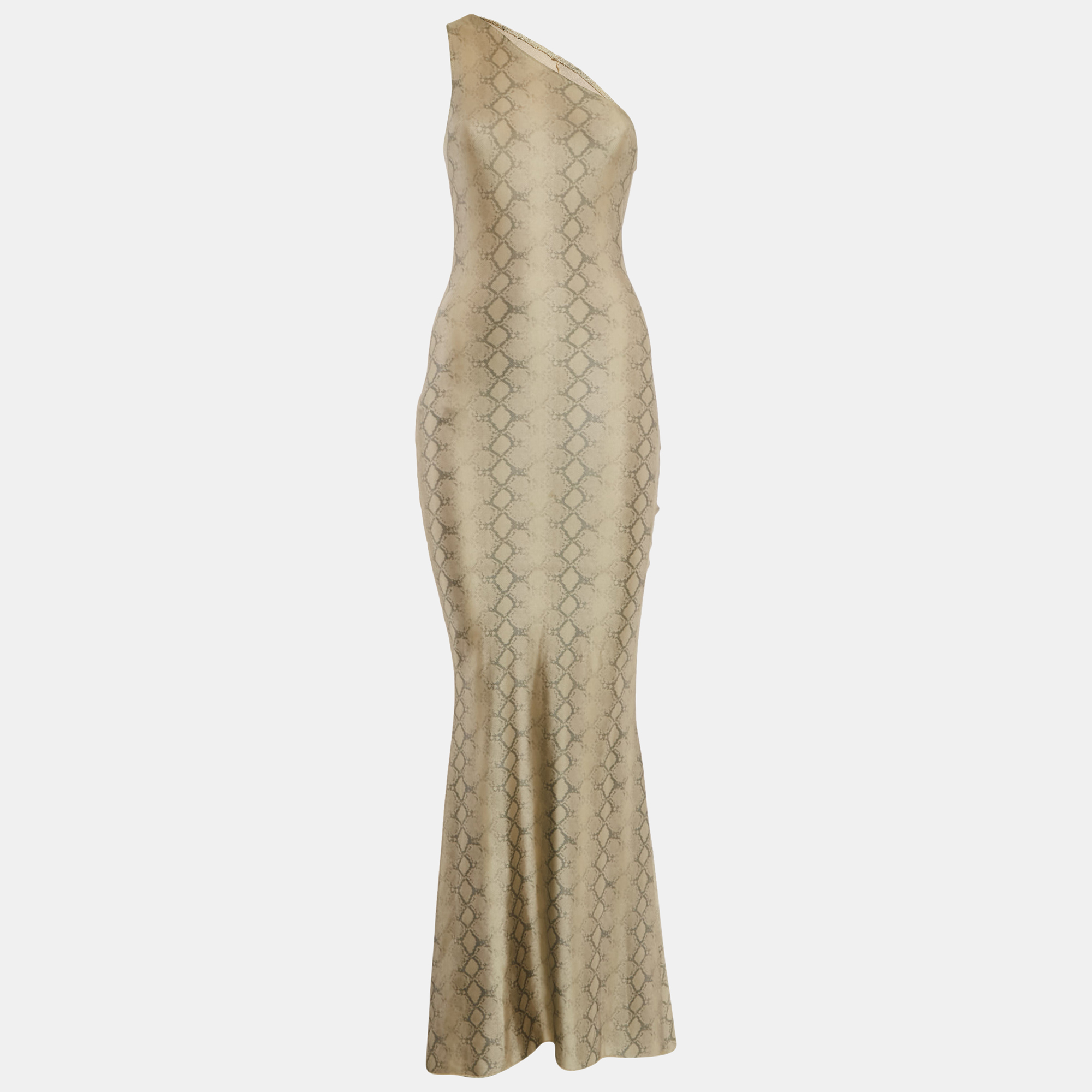 Alek Adorian Couture Beige Snake Print Jersey Asymmetric One-Shoulder Maxi Dress
