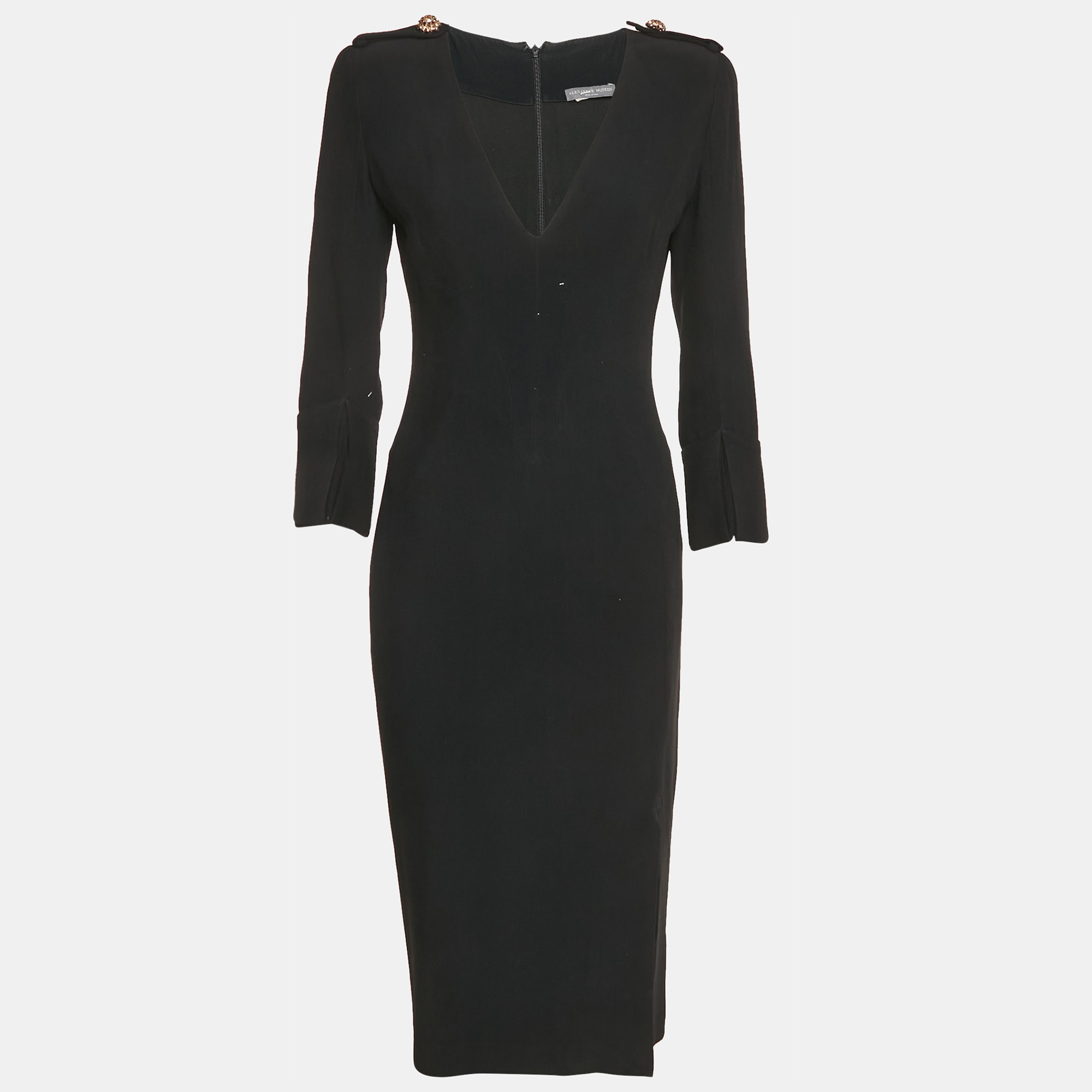 Alexander McQueen Black Crepe V-Neck Midi Dress