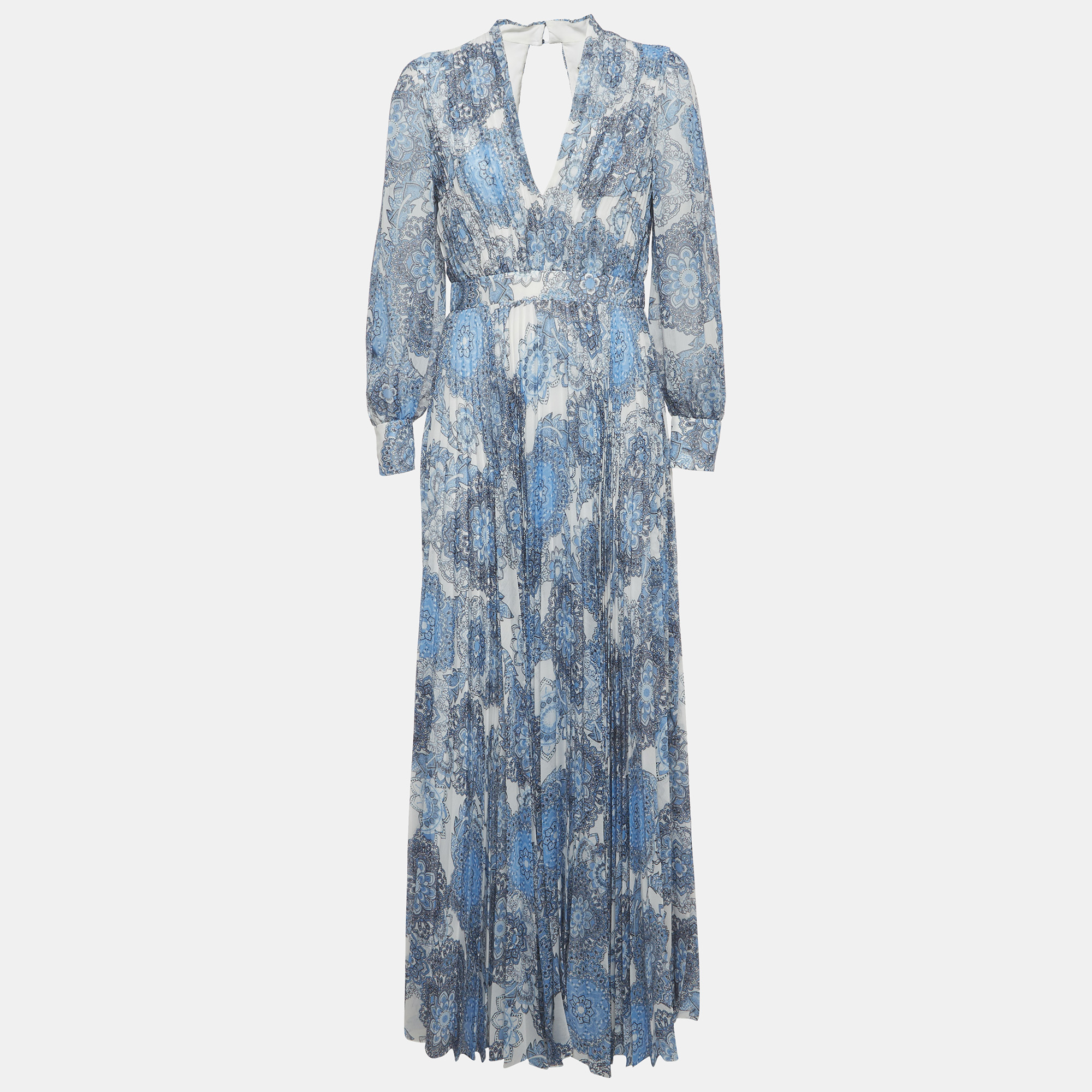 Alice + Olivia Blue Floral Print Georgette Cheney Cut Out Maxi Dress