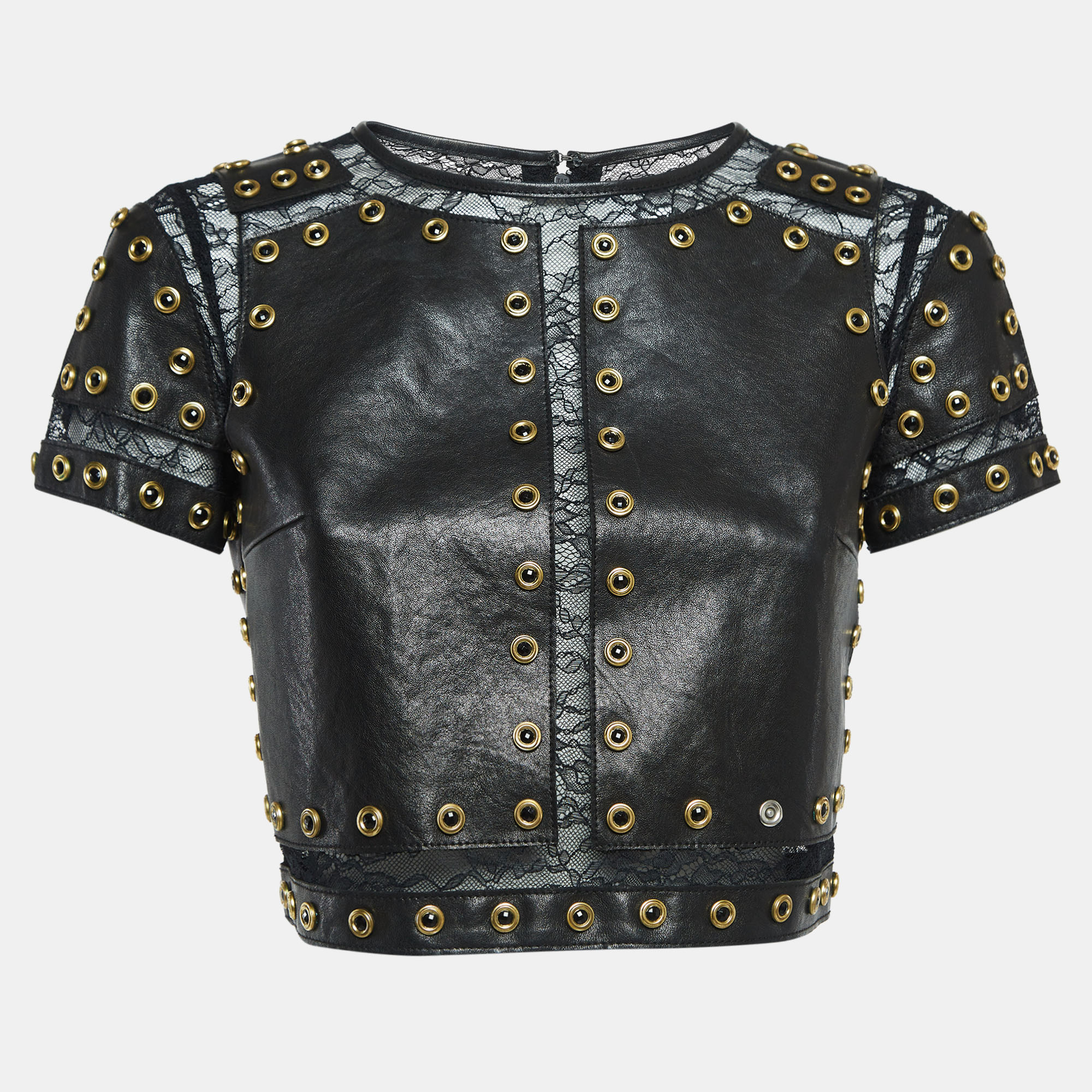 Alice + Olivia Black Lace Trim Leather Studded Crop Top