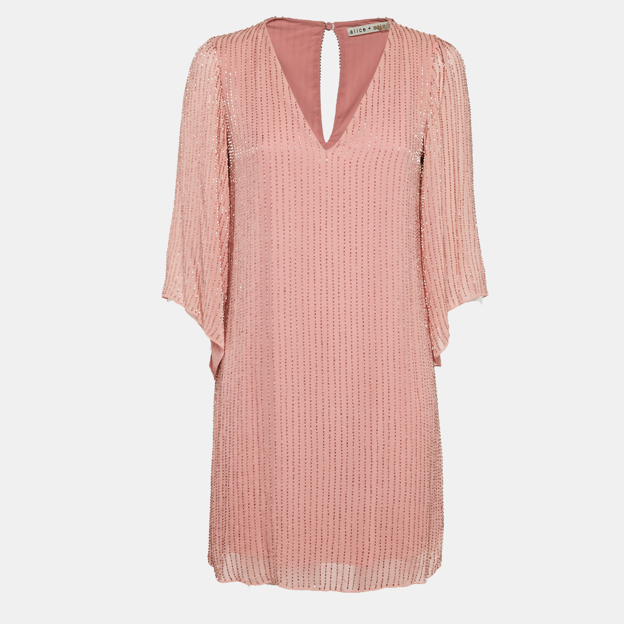 Alice + Olivia Pink Embellished Crepe V-Neck Mini Dress