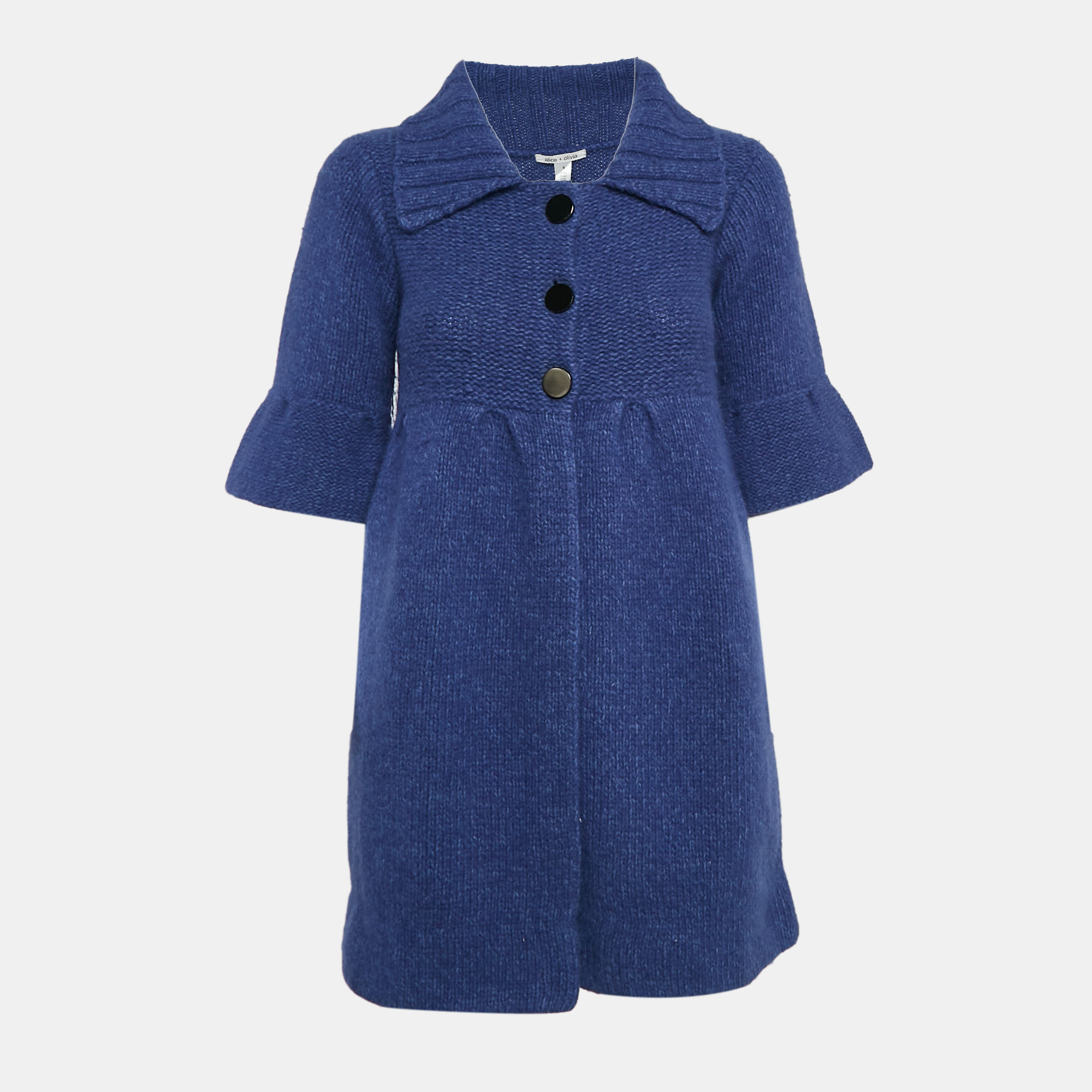 Alice + Olivia Blue Wool Knit Short Sleeve Sweater Coat