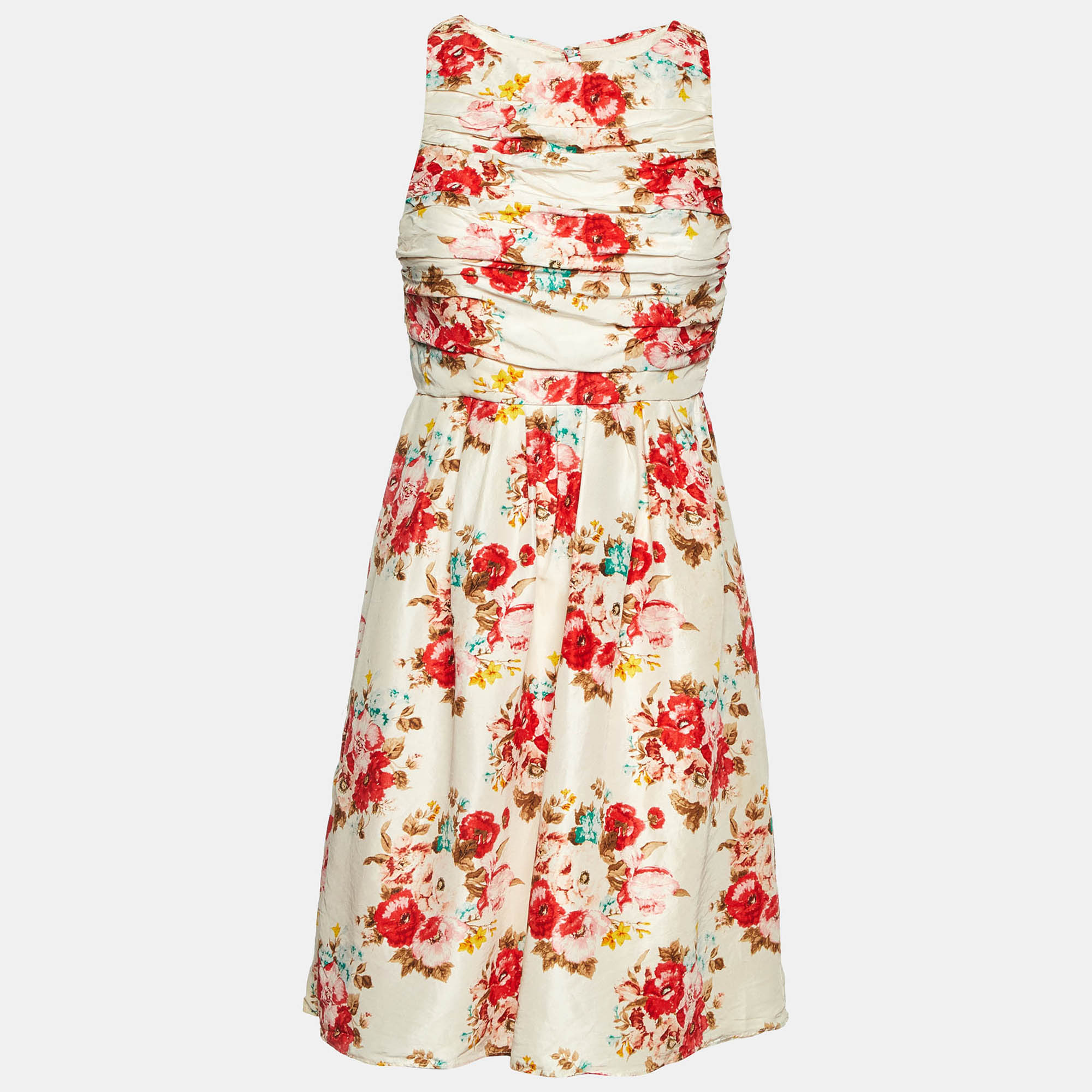 Alice + Olivia White Floral Print Crepe Pleated Sleeveless Mini Dress