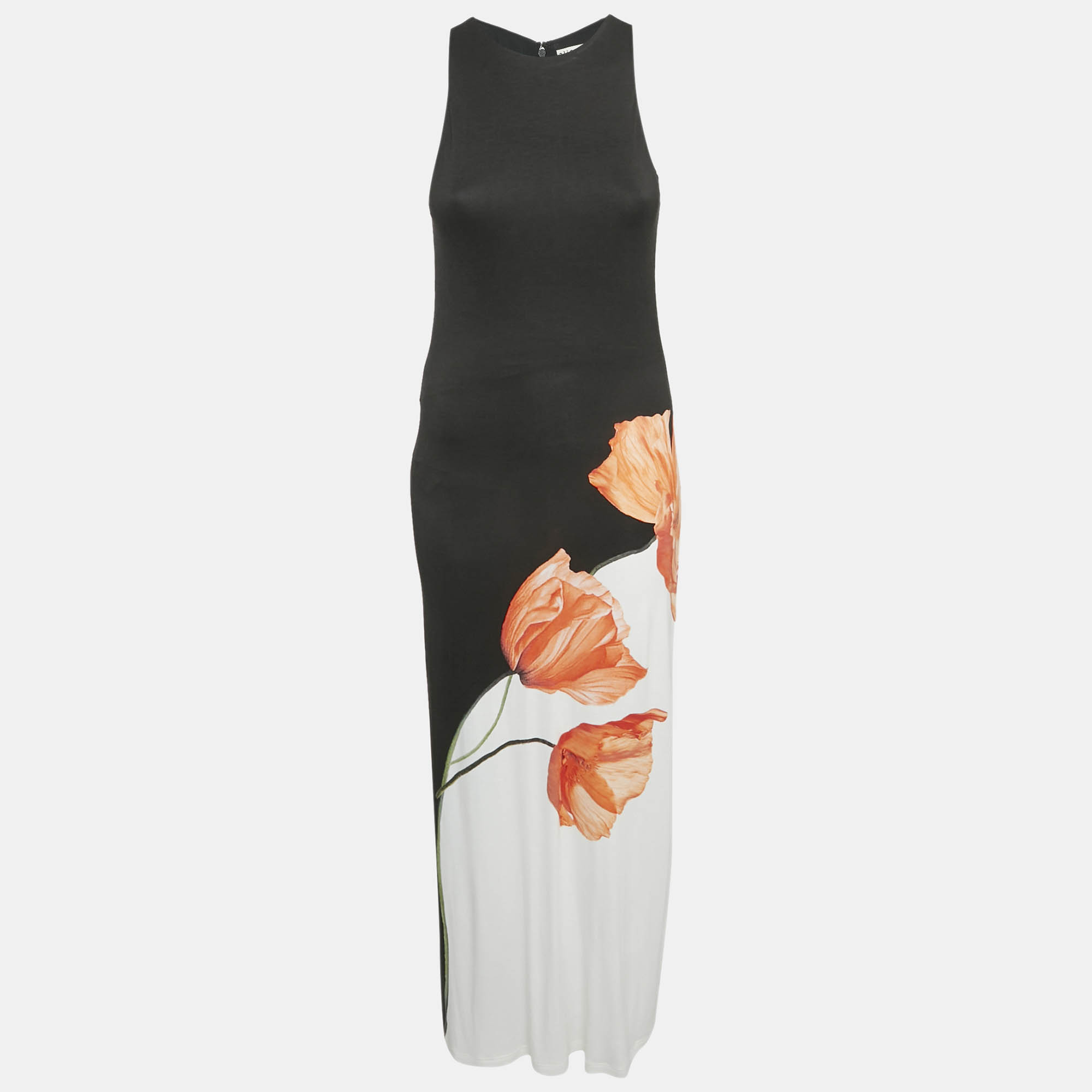 Alice + Olivia Black Tulip Print Jersey Sleeveless Maxi Dress