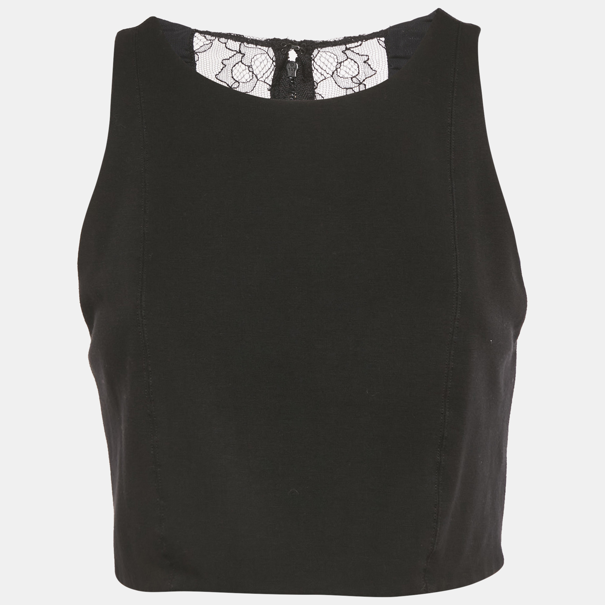 Alice + Olivia Black Lace Trim Jersey Zip-Up Crop Top