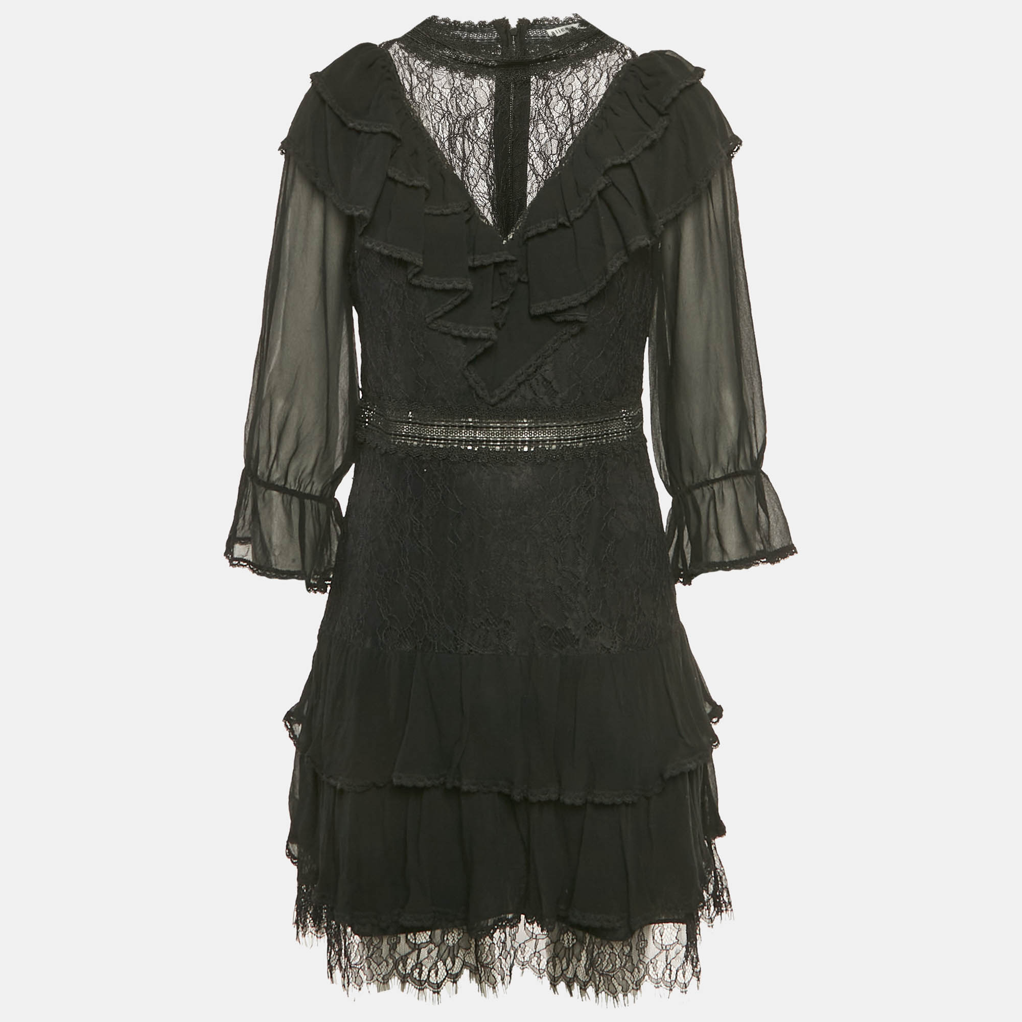 Alice + Olivia Black Crepe Lace Detail Mini Dress