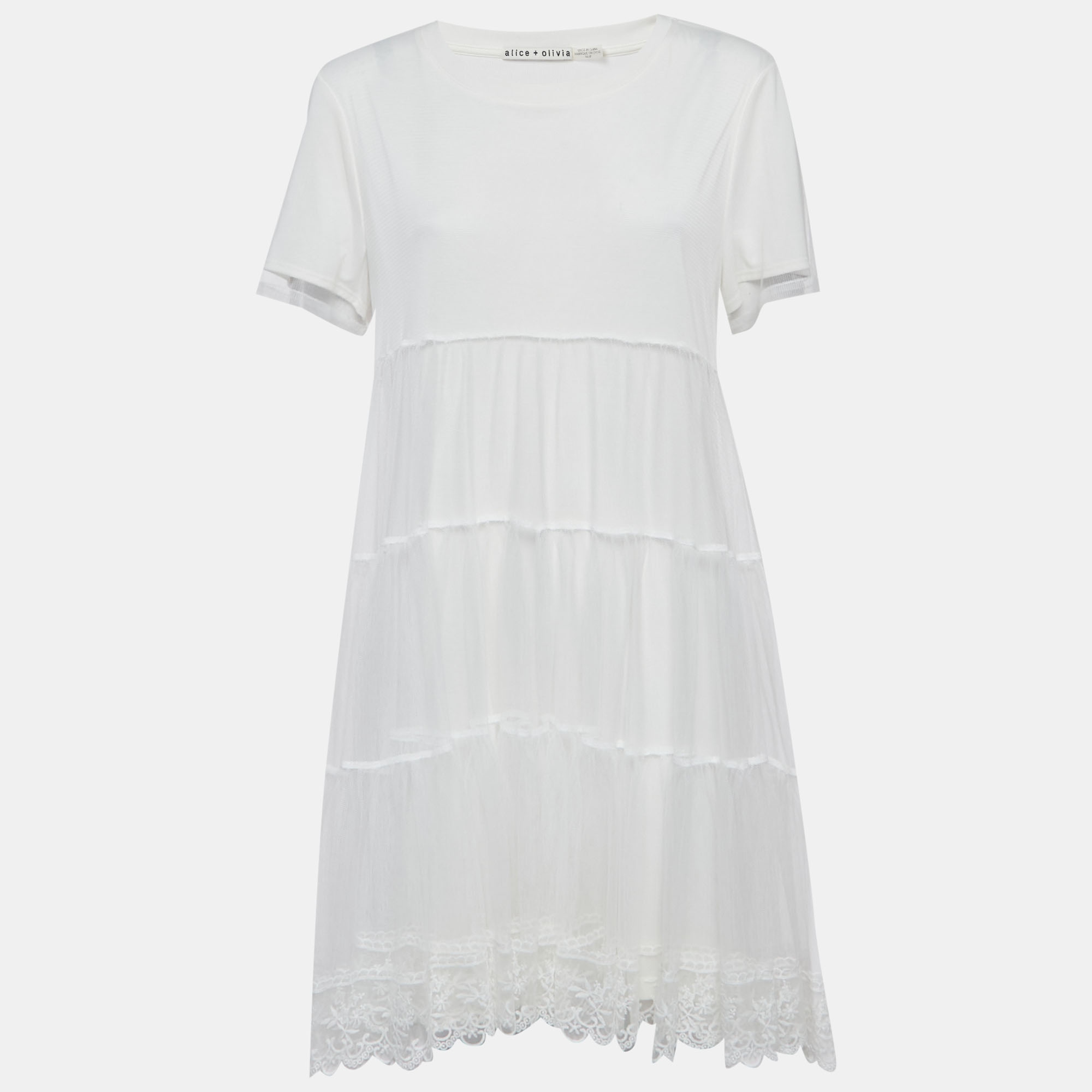 Alice + Olivia White Jersey & Lace Flared Mini Dress
