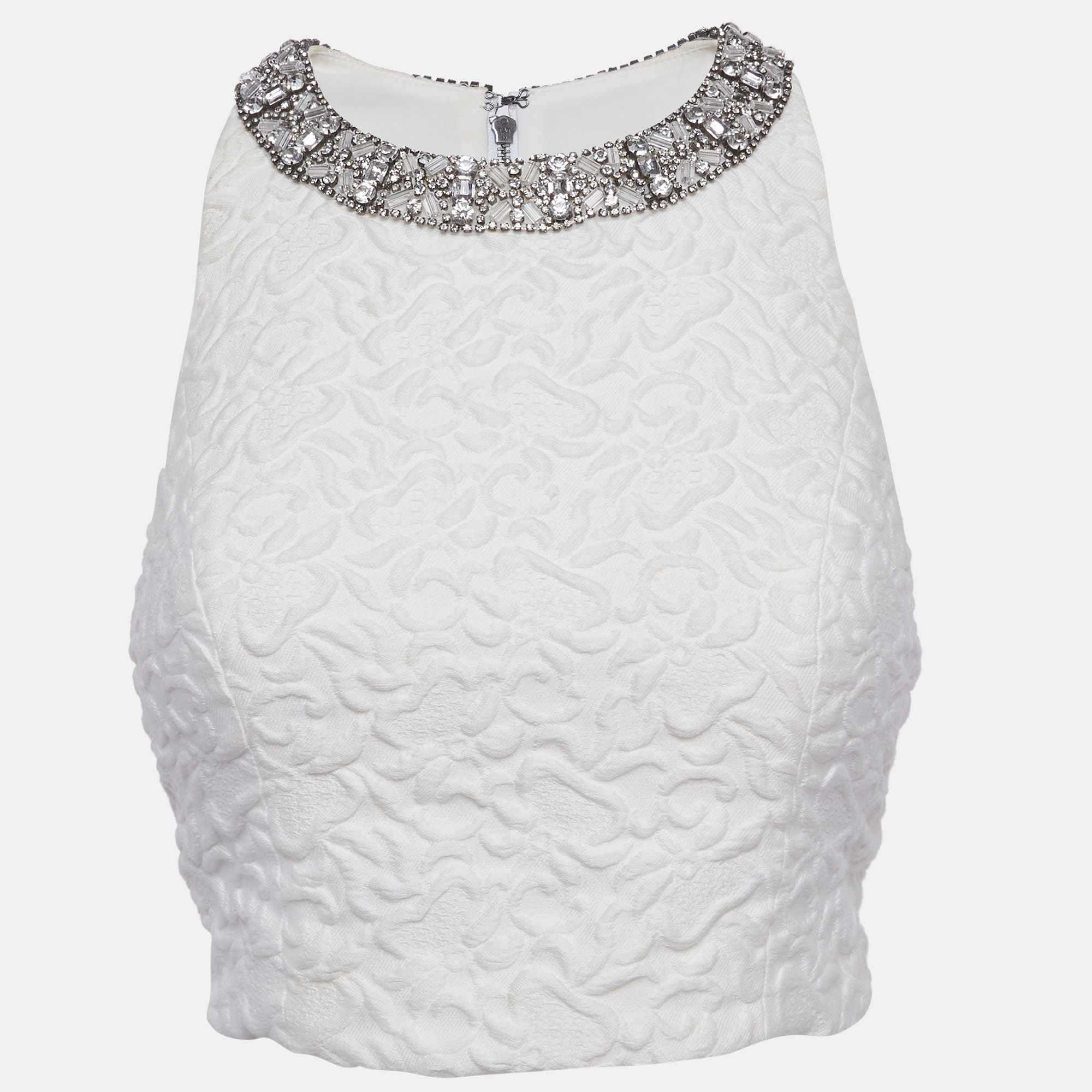 Alice + Olivia White Jacquard Embellished Crop Top