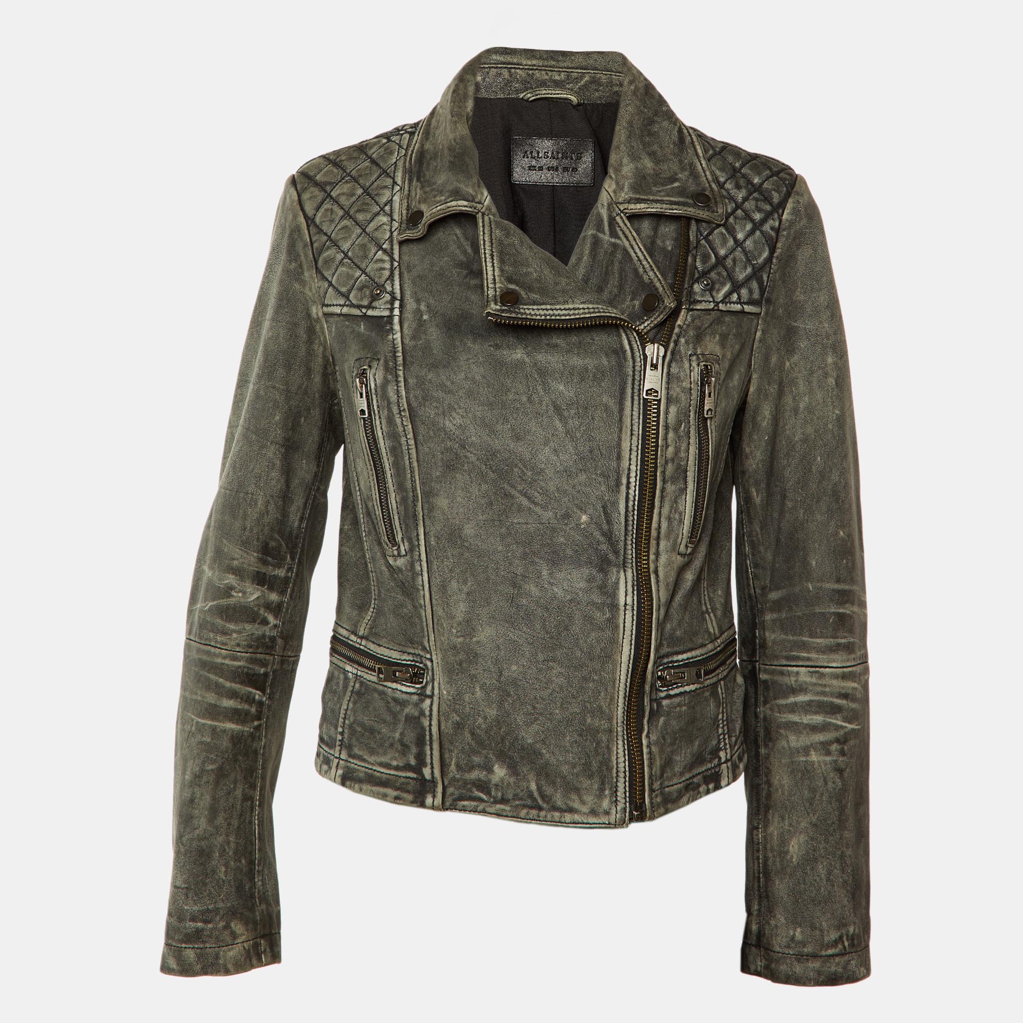 All Saints Vintage Grey Leather Cargo Biker Jacket