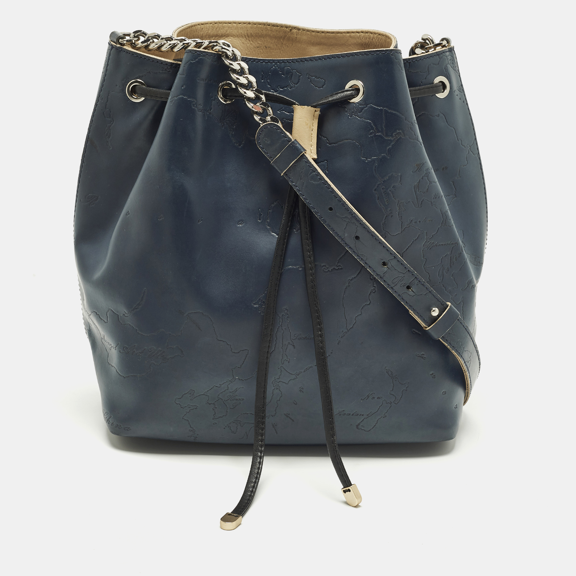 Alviero Martini A Classe Navy Blue Geo Embossed Leather Drawstring Bucket Bag