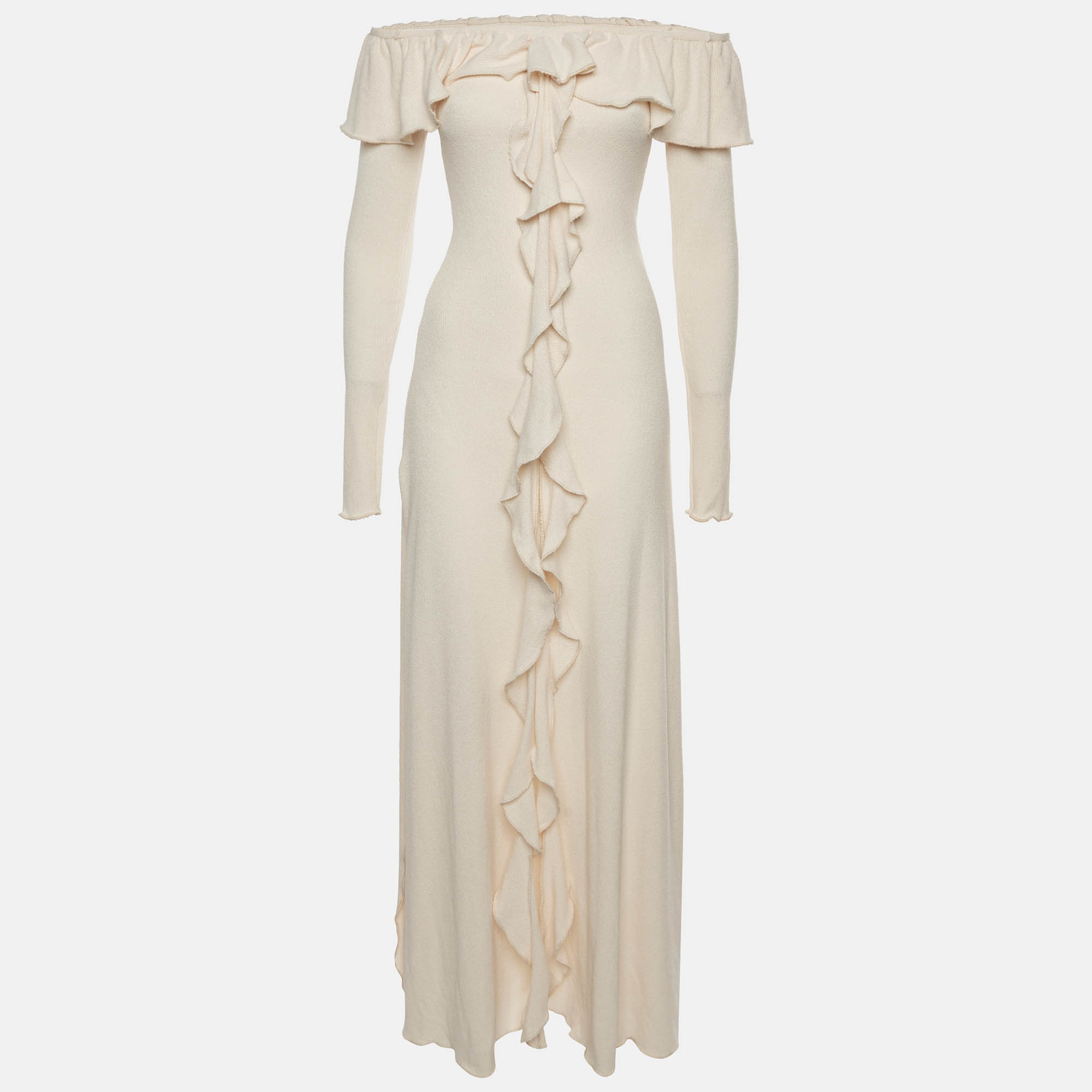 Arcina Ori Cream Knit Ruffle Off Shoulder Mila Dress