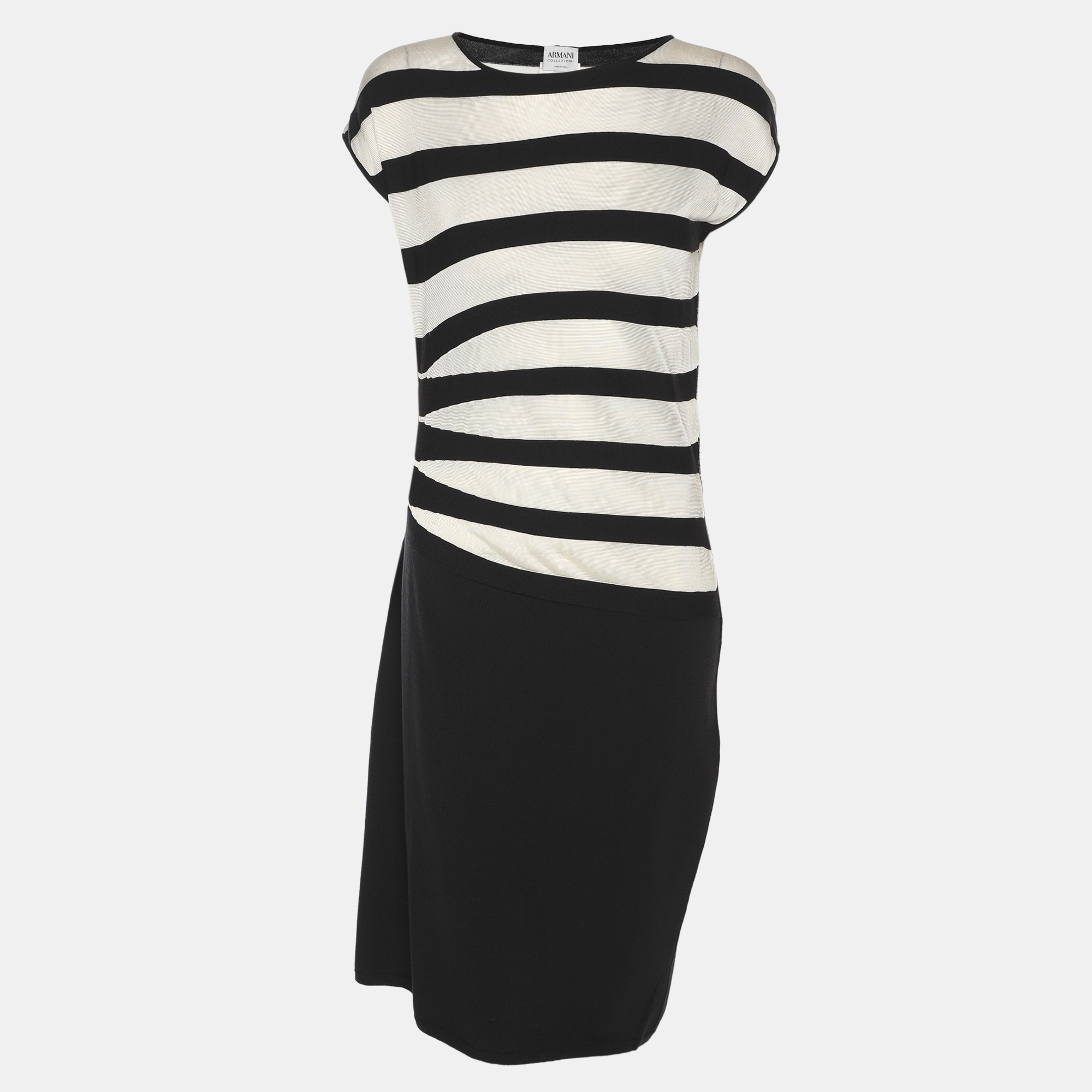 Armani Collezioni Dark NavyWhite Stripe Stretch Knit Sleeveless Midi Dress