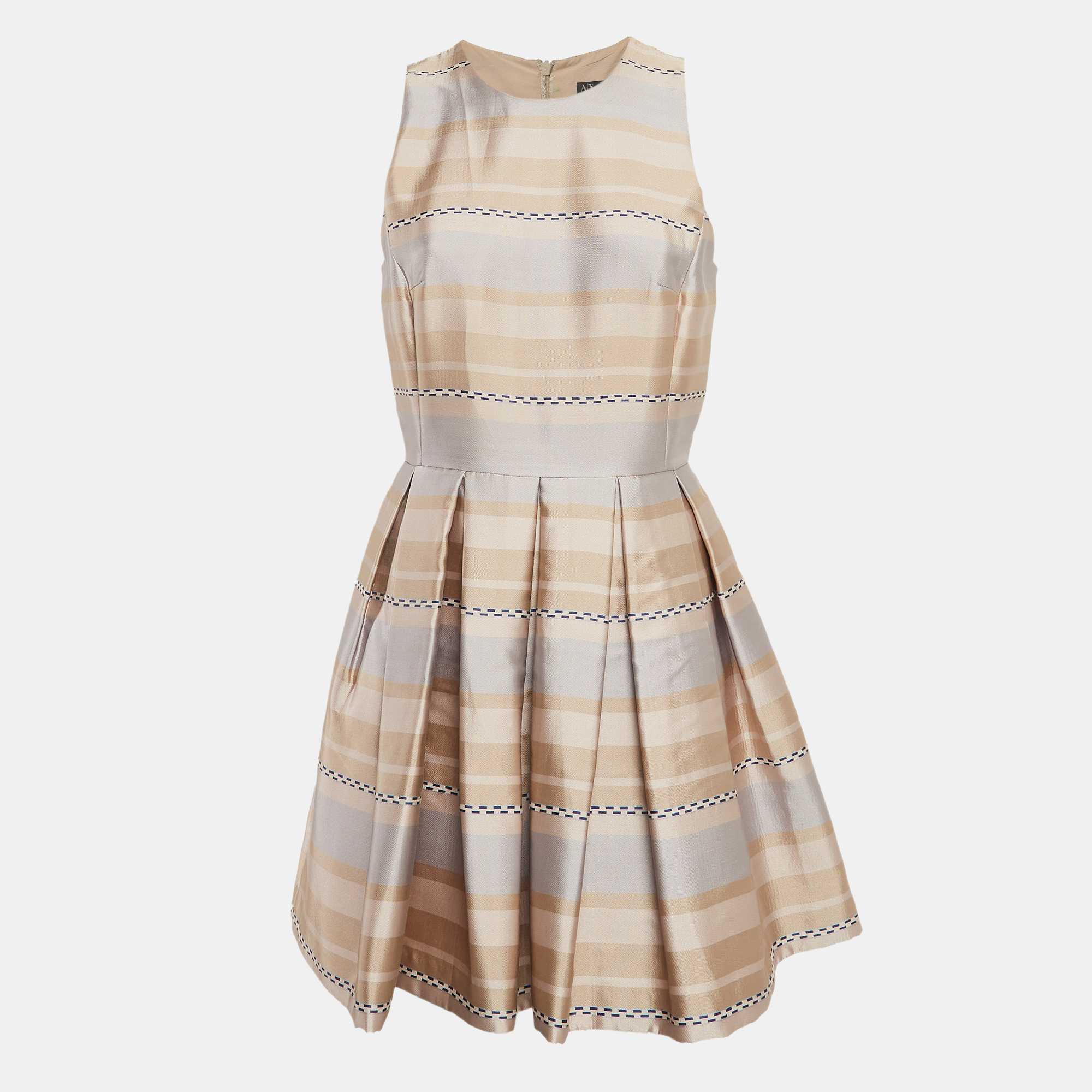 Armani Exchange Beige Stripe Crepe Pleated Mini Dress